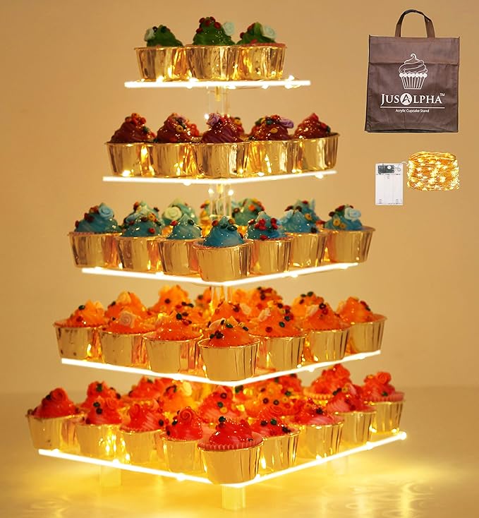 Jusalpha 5 Tier Square Cupcake Stand Premium Cupcake Holder Acrylic Cupcake