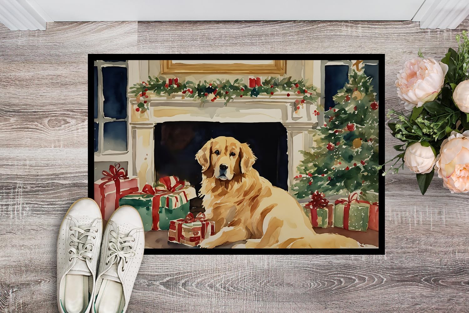Caroline's Treasures DAC2667JMAT Golden Retriever Cozy Christmas Doormat Front Door Mat Indoor Outdoor Rugs for Entryway, Non Slip Washable Low Pile, 24H X 36W