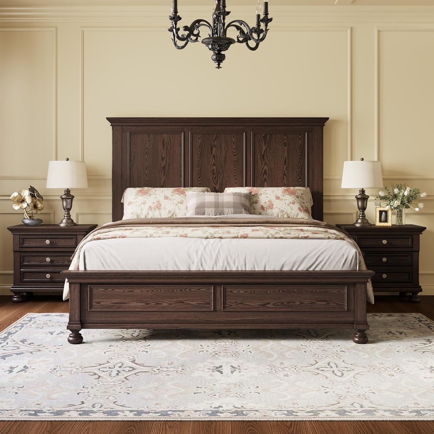AMERLIFE Solid Wood 3 Piece Bedroom Set Including 65.2" High Queen Bed Frame, Fully Assembled Nightstands Set of 2 with 2 Storage Drawers for Bedroom, Dark Brown