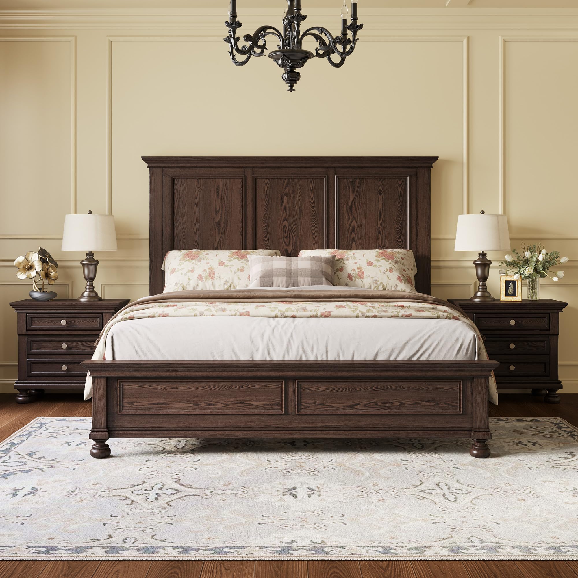 AMERLIFE Solid Wood 3-Piece Set, King Bed & 2 Nightstands, Dark Brown