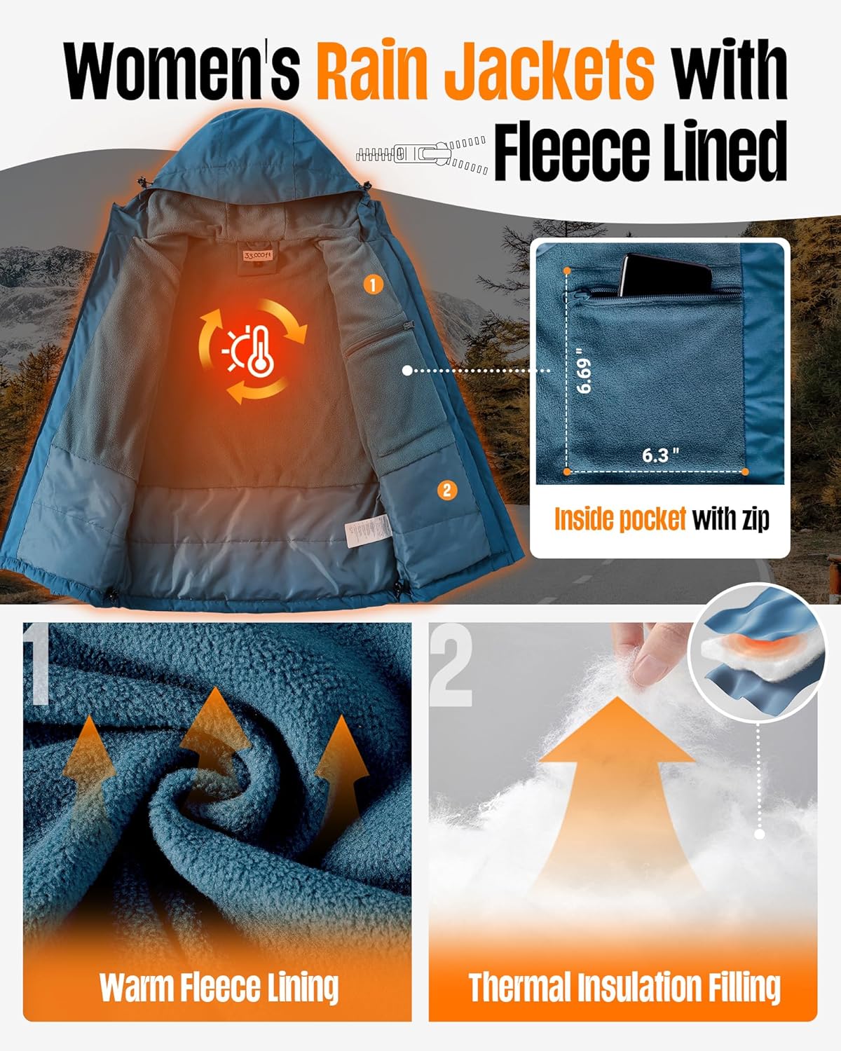 33,000ft Women's Fleece Lined Rain Jackets Waterproof Lightweight Warm Raincoats for Hiking Travel Skiing Windbreaker - Image 4