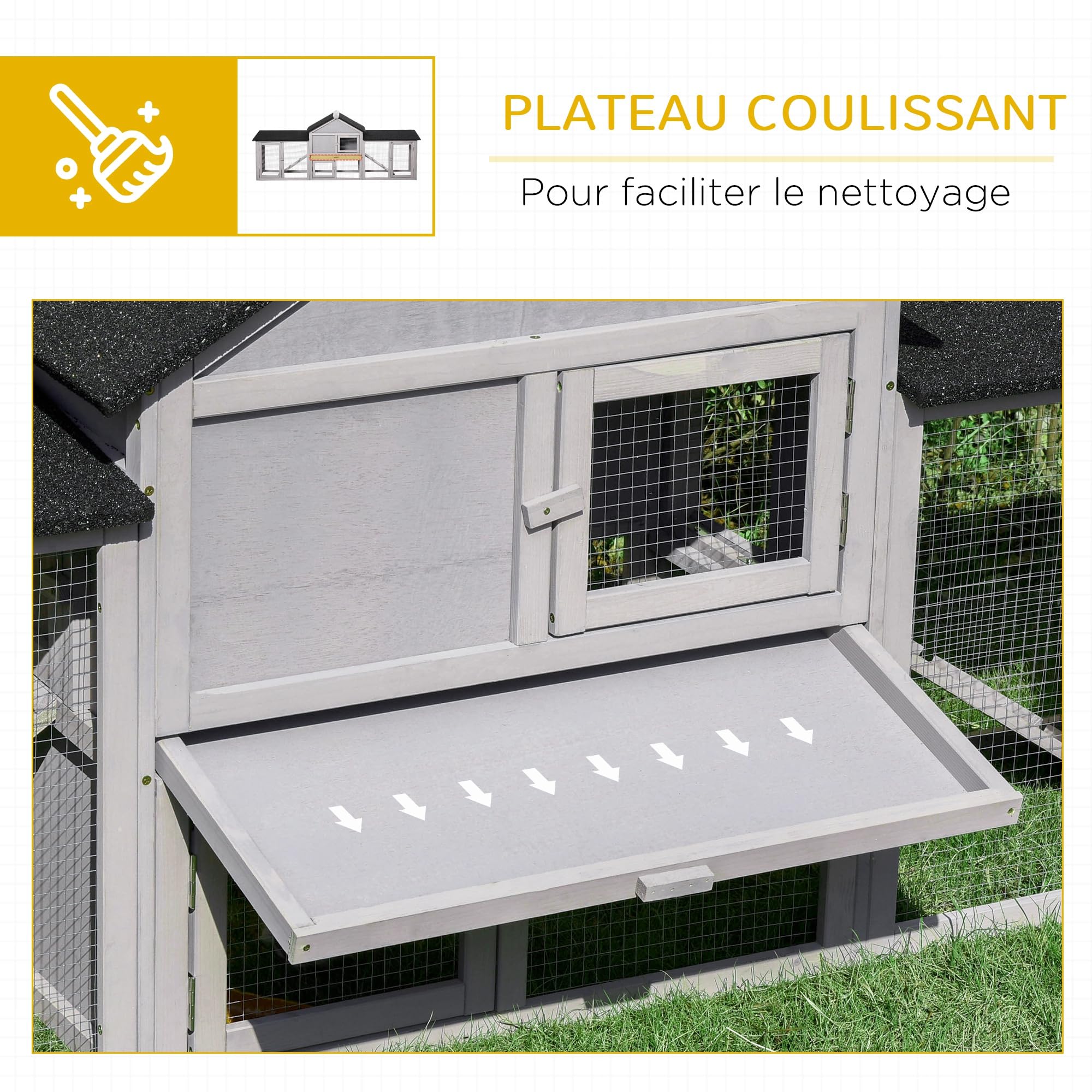 PawHut Conigliera Conigliera per roditori XXL Conigliera per nani 2 piani Tetto in bitume Cassetto integrato per gli escrementi 210L x 45,5l x 84,5H cm Legno massiccio Pino preoliato