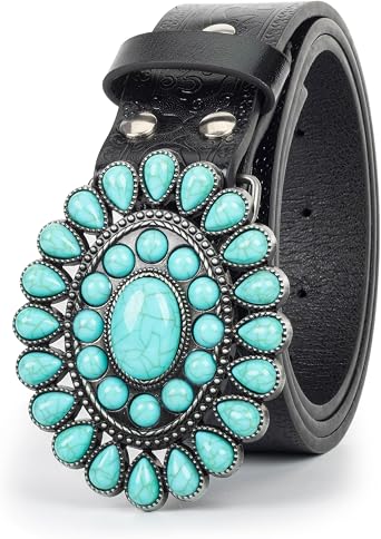 Women Men Country Western Turquoise Belts, Embossed PU Leather Retro Cowgirl Belts for Jeans Dresses Pants
