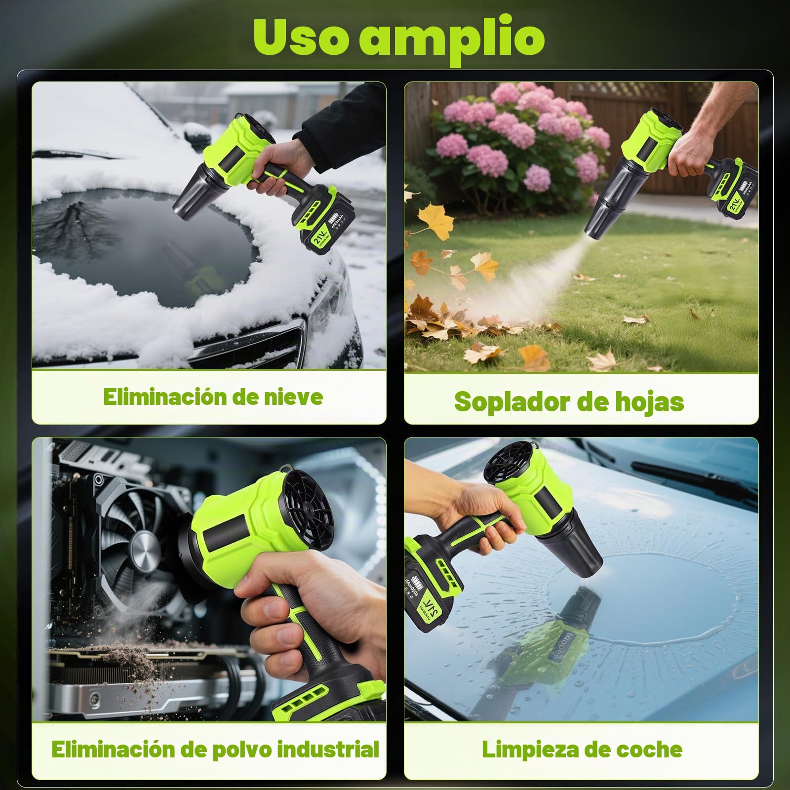 Soplador de Hojas, Soplador Turbo Jet, Soplador de Aire Potente con 2 Baterías 800000 RPM, Ideal para Jardín, Coche, Patio, Nieve y Camping, Verde Lima