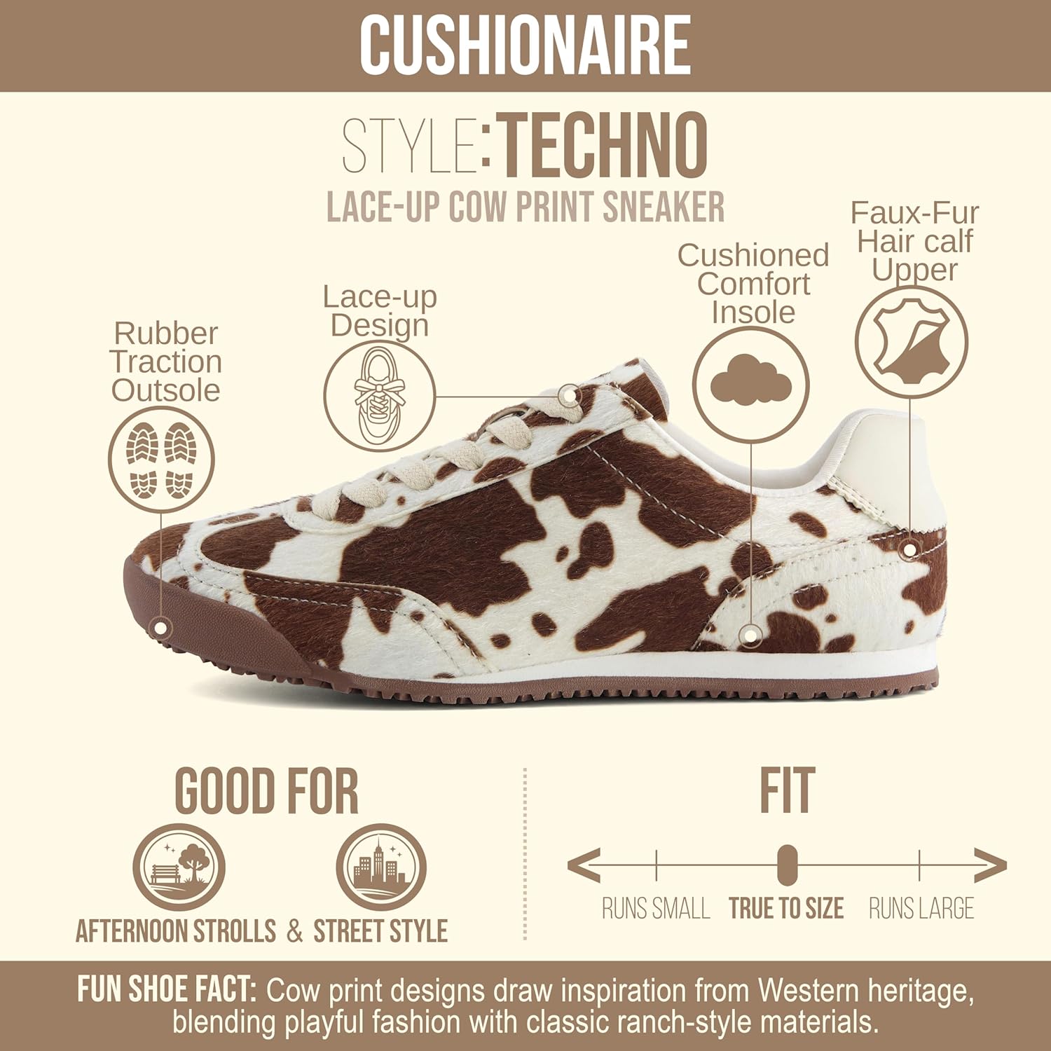 CUSHIONAIRE Techno Women’s Vegan Cow Print Calf-Hair Lace-Up Sneakers with Memory Foam Comfort - Image 4