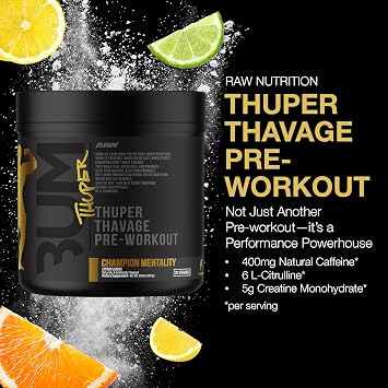 RAW Thuper Thavage Pre Workout Powder - High-Stim Preworkout with Creatine, Beta Alanine, L-Citrulline & Caffeine - Chris Bumstead Gym & Fitness Supplement for Men & Women - Champion Mentality