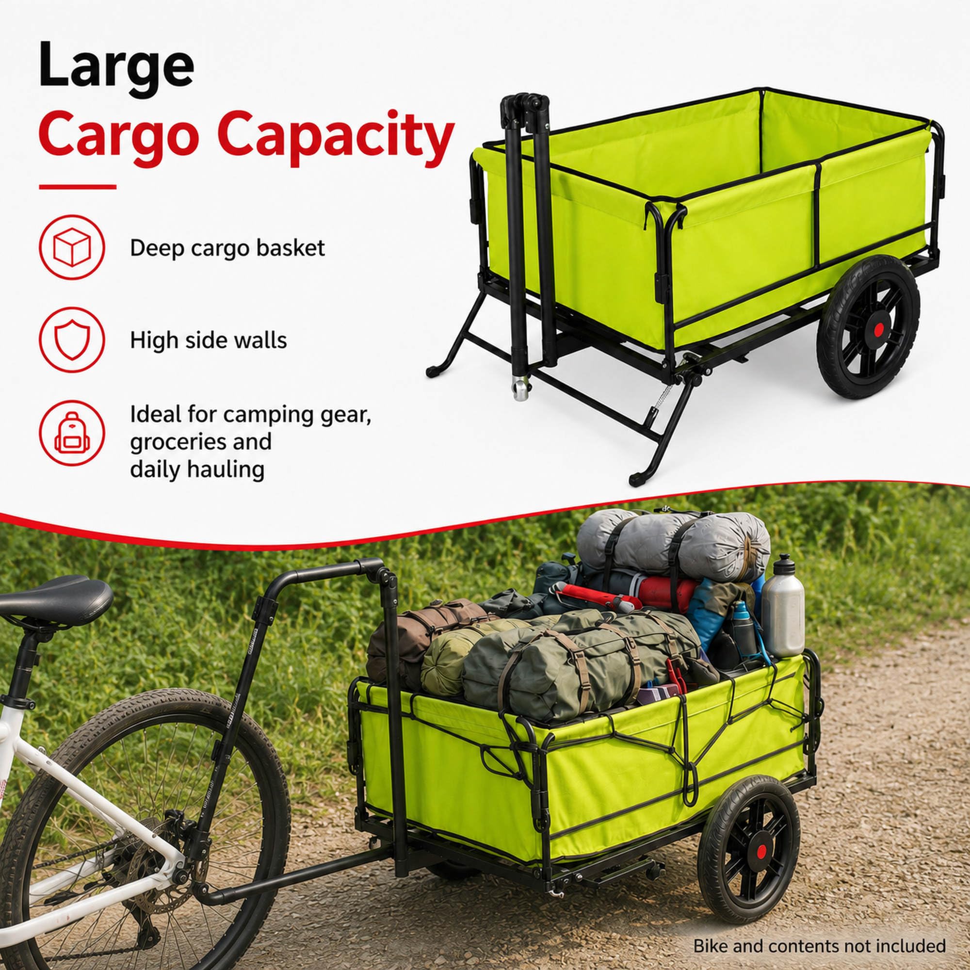 Remolque de carga para bicicleta, remolque de bicicleta de 2 ruedas para remolque de 110 libras, patas de apoyo plegables, carrito utilitario para camping, compras y aventuras al aire libre