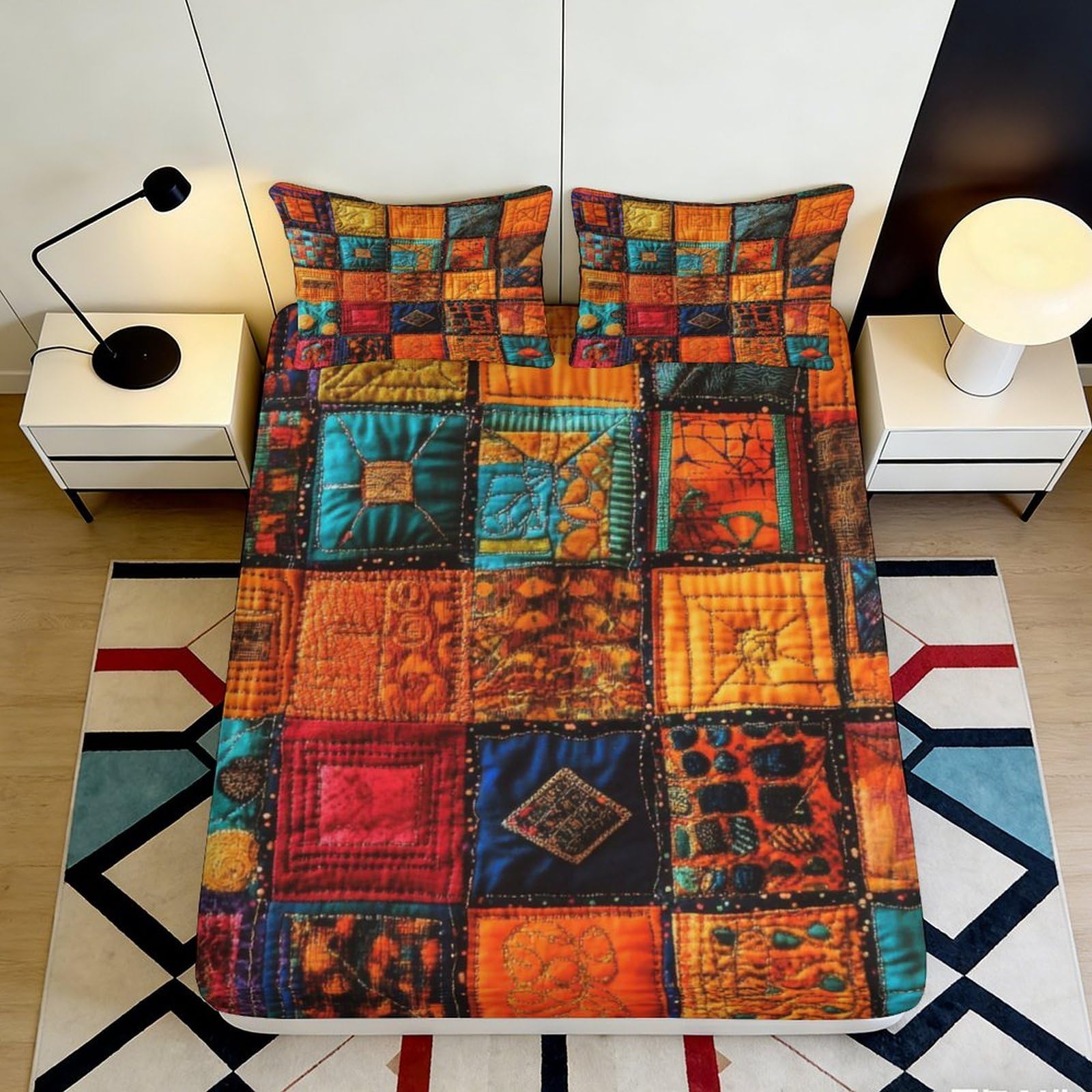 Pnayamiorkfel Style-9 3D Printed Patchwork Quilt Pattern Fitted Sheet Microfiber Vibrant Retro Mosaic Bed Cover For Bedroom Guest Room 90X200x25cm