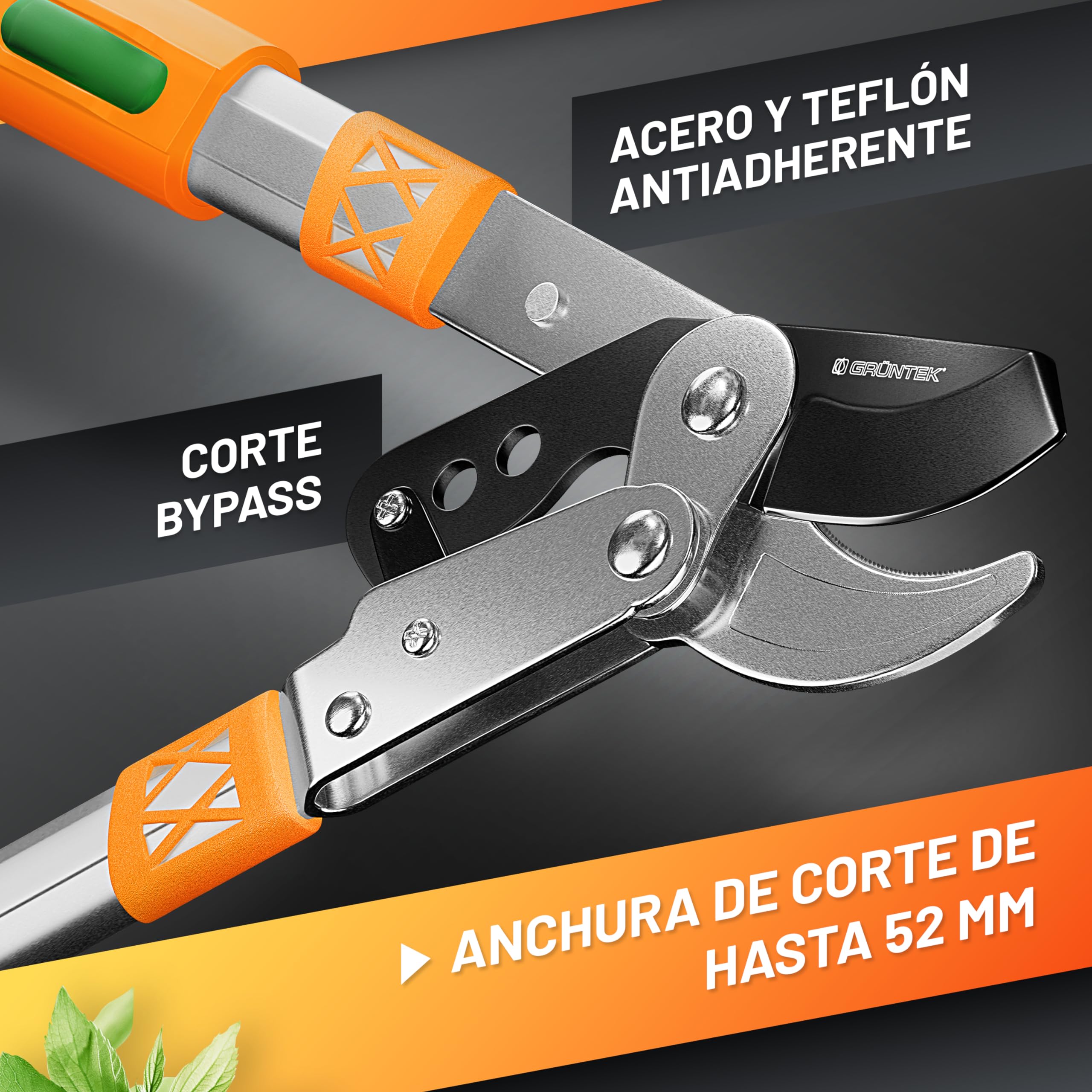 GRÜNTEK Tijeras de poda telescópicas XT 685-940 mm sistema de corte Bypass. Hoja 82mm de acero revestido templado y Teflon. Magos con 6 pos. ajustables.