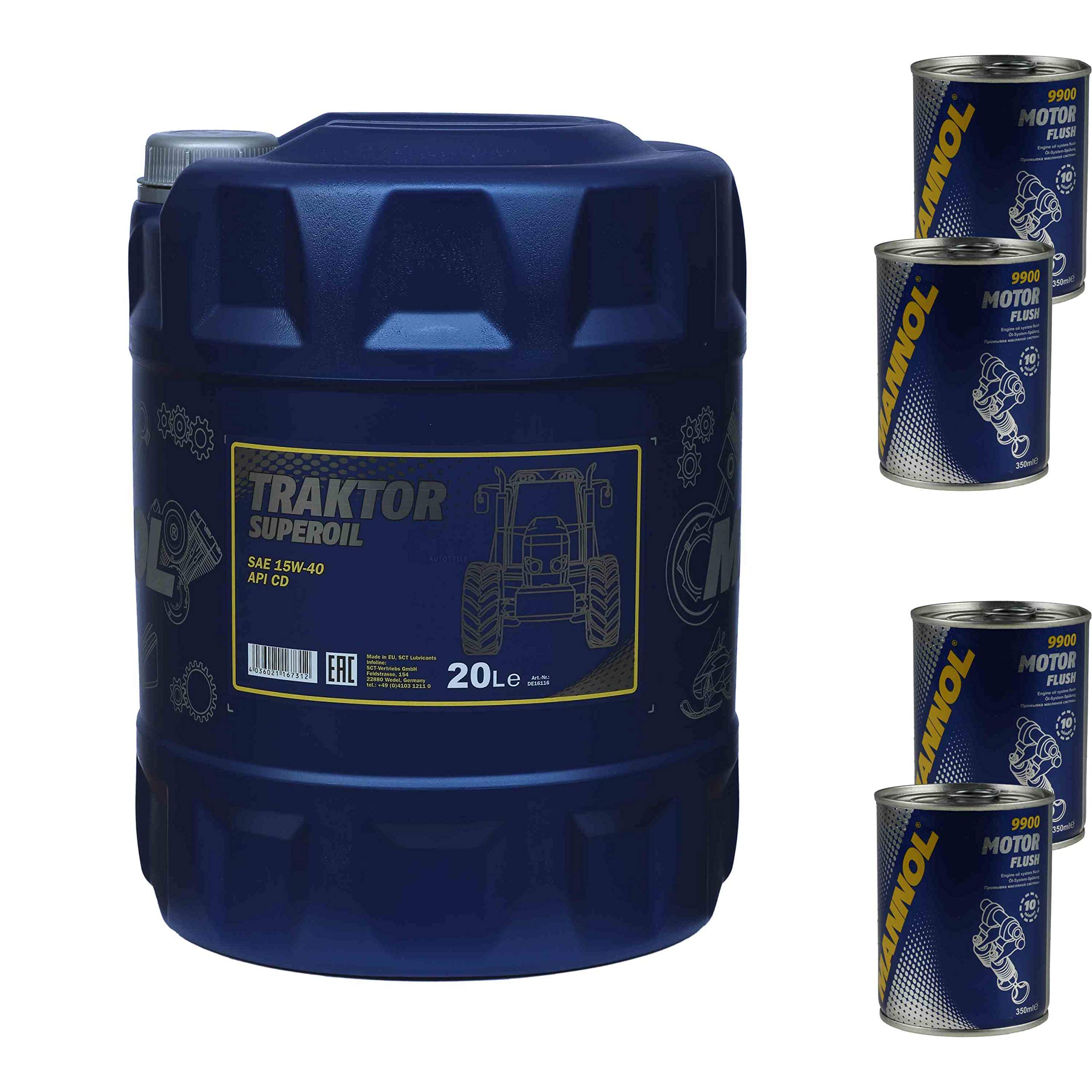 MANNOL Traktor Superoil Huile de moteur 15W-40 4xMotor Flush, 20 l