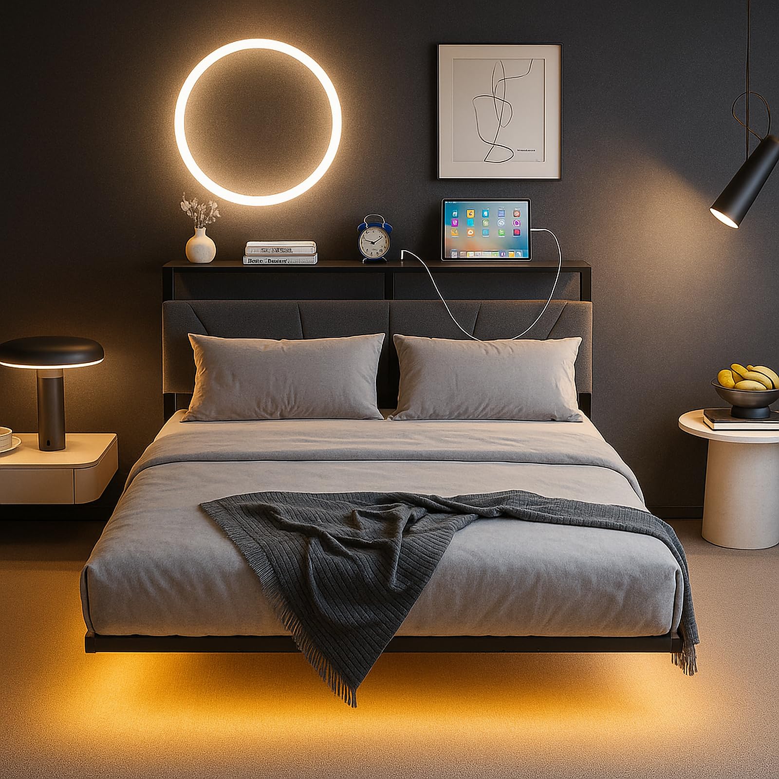 HOJINLINERO Bettgestell 140x200cm Bett mit LED Ladestation & Beleuchtung,Metallbett 140x200 mit Stauraum,Bettrahmen mit Lattenrost,Schwebender visueller Effekt
