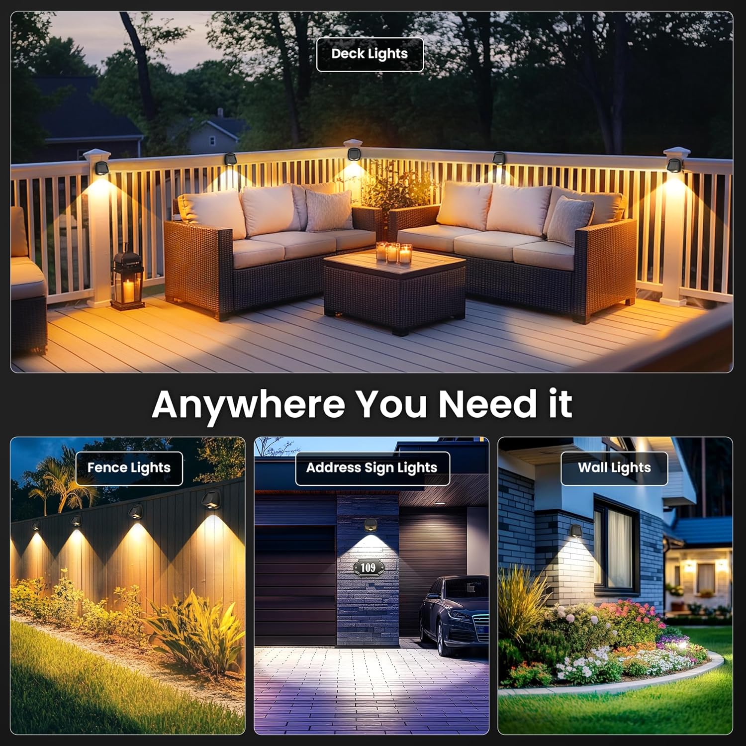 SOLPEX Solar Lights Outdoor Waterproof IP65, Solar Stair Lights Outdoor for Fence, Deck, Step, Dual Color LED 3 Lighting Modes House Wall Light for Porch, Backyard, Fence, Garden Decor-8 Pack