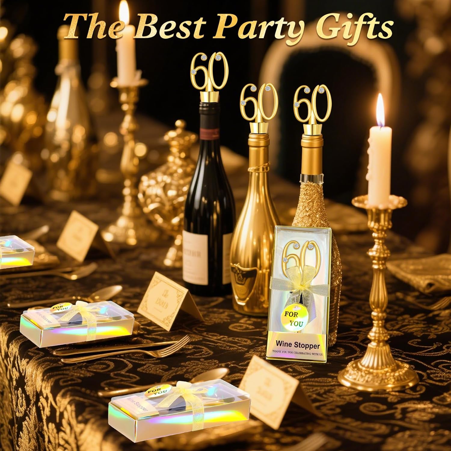 30Pcs 60th Birthday Wine Stopper Party Favors Gold Wedding Favor Wine Bottle Anniversary Wine Stopper Souvenirs for Guests Wine Bottles Stopper Decorative for Wedding Anniversary Parties(60th) - Image 6