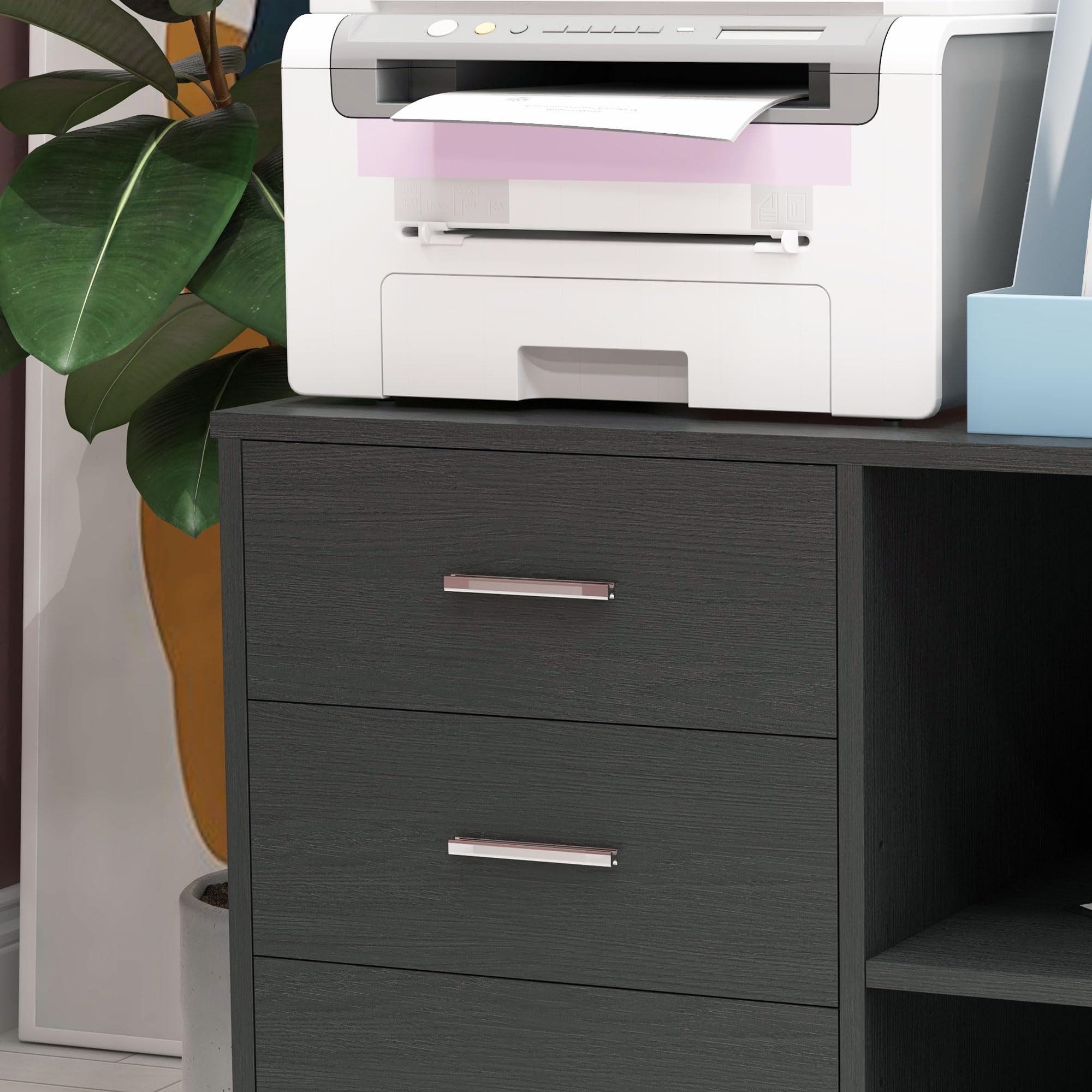 HOMCOM Support d'imprimante Organiseur Bureau Caisson 3 tiroirs + 2 niches + Grand Plateau Panneaux Particules Noir