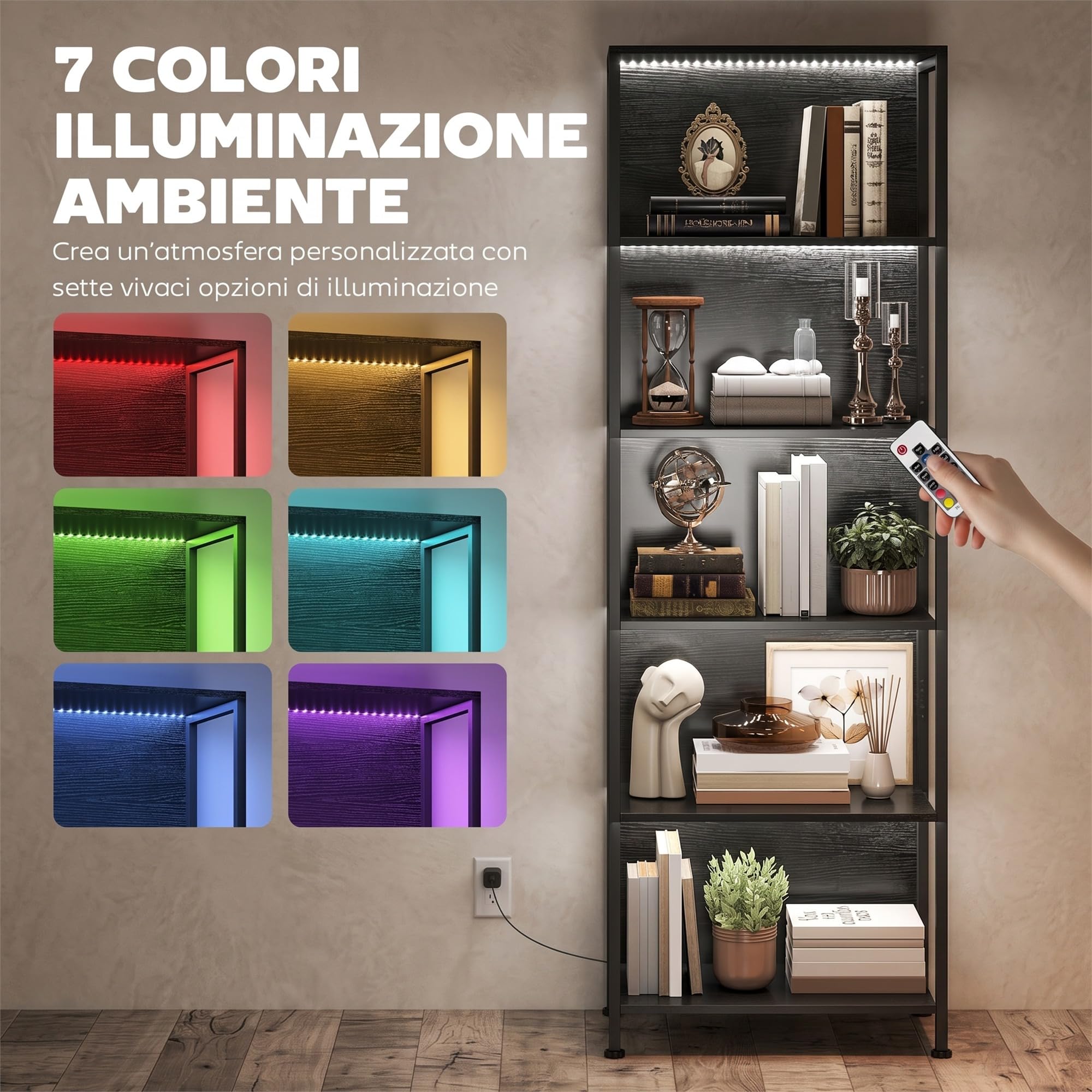 HOMCOM Libreria Scaffale a 5 Ripiani con Luci LED 60x30x179 cm Nero
