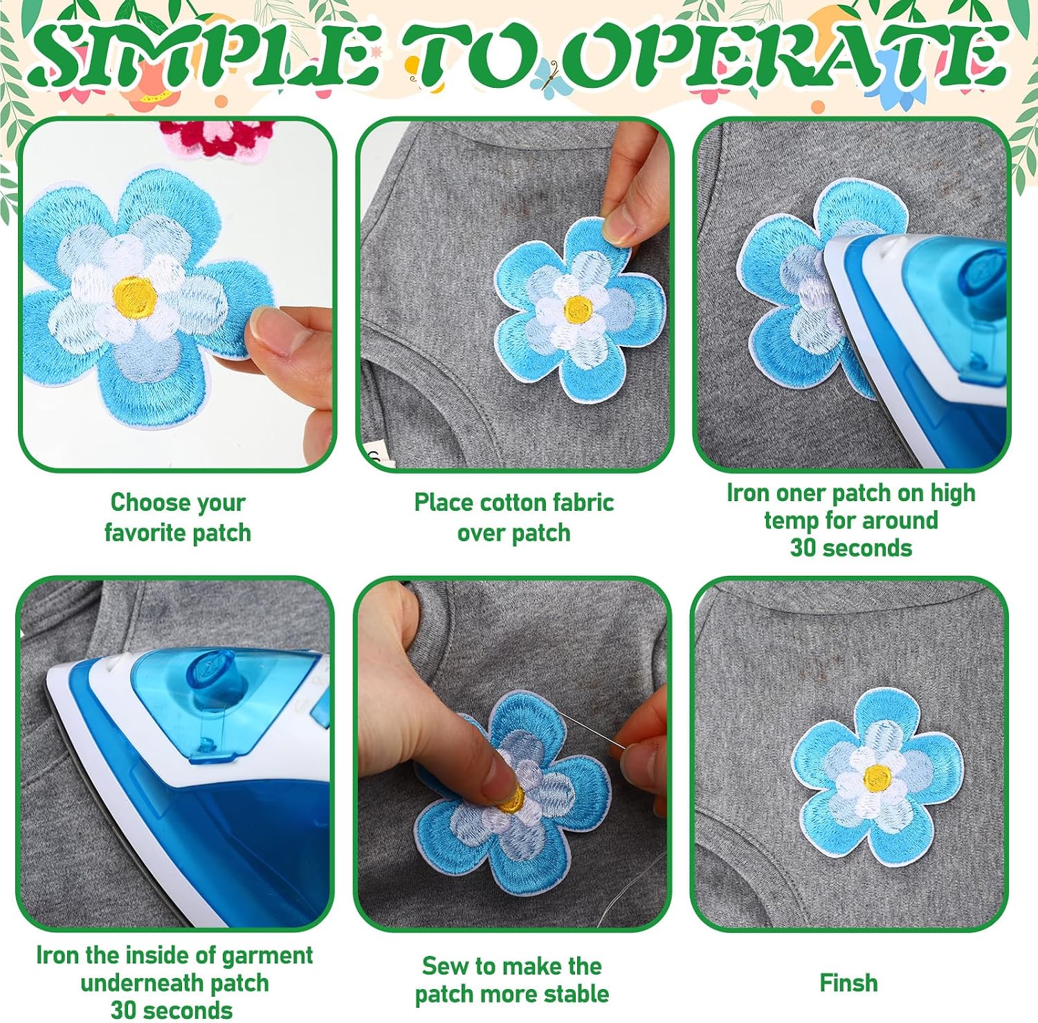 Tigeen 48 Pcs Flower Iron on Patches Spring Floral Decorative Appliques for Clothes Colorful Embroidered Iron on Patches for Bags Backpacks Jackets Jeans Hats Crafts DIY Accessory