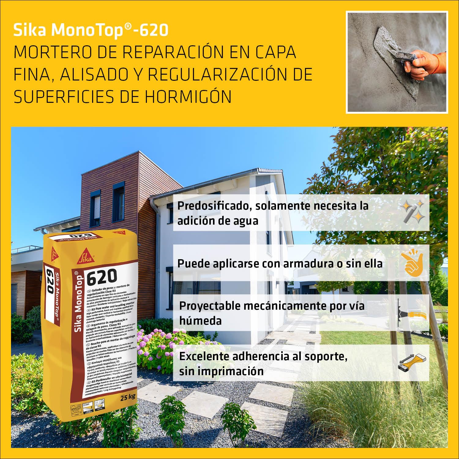 SIKA - Mortero reparación capa fina R3 - Sika MonoTop 620 - Gris - 25kg | Alisado y reparación de hormigón - Clase R3 - Para superficies y estructuras - Acabado gris uniforme