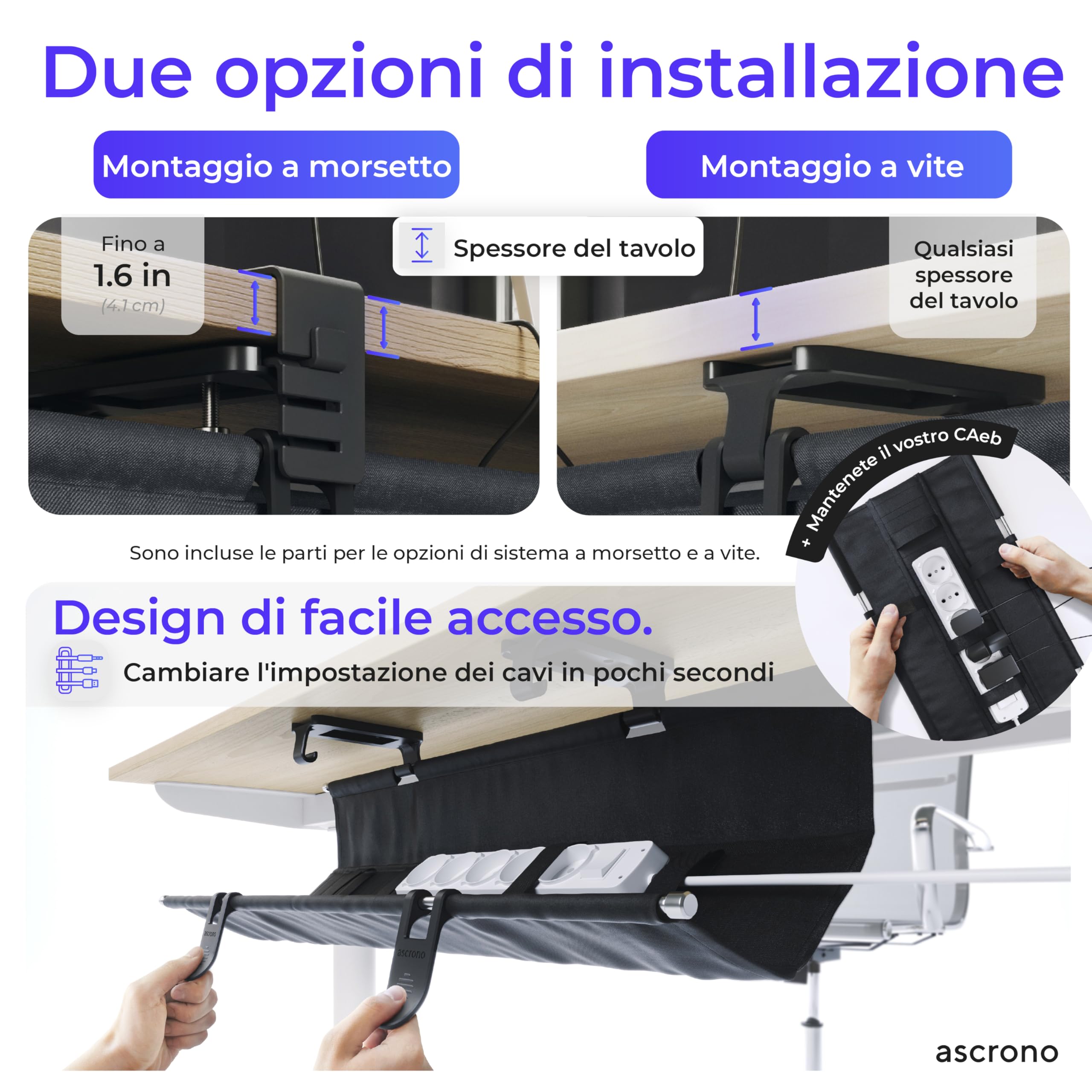 Ascrono Vassoio per la gestione dei cavi da 69,3 cm, in tessuto nero di alta qualità, per la gestione dei cavi sotto la scrivania, con morsetto/vite, supporta fino a 29,9 kg