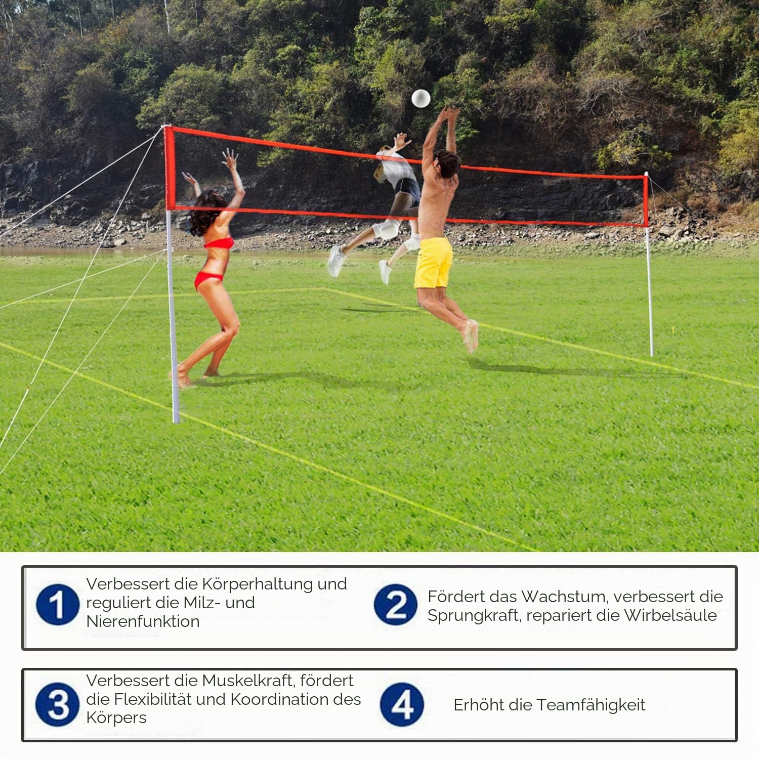 DRM Großes 6 m verstellbares Volleyballnetz, faltbares Tennisnetz-Set, Badminton-Netz-Set, einfache Einrichtung, Nylon-Sportnetz mit gratis Tragetasche für Strand, Graspark, Hinterhof