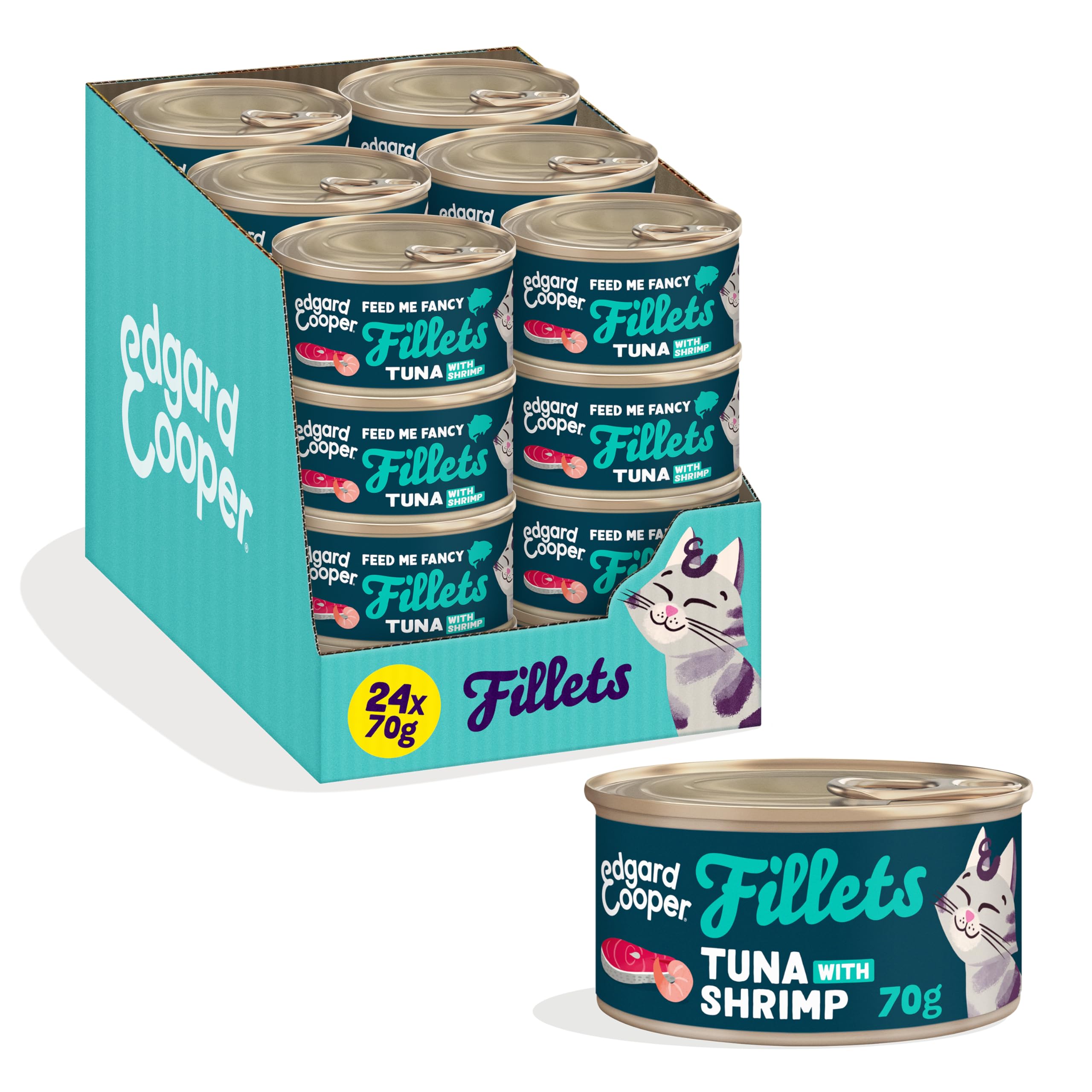 Edgard & Cooper cibo umido per gatti, (Tonno/Gamberetti Fresco, 70g x 24), Filettini per gatti, sterilizzati o attivo, carne fresca e ingredienti naturali, senza cereali, senza zuccheri aggiunti