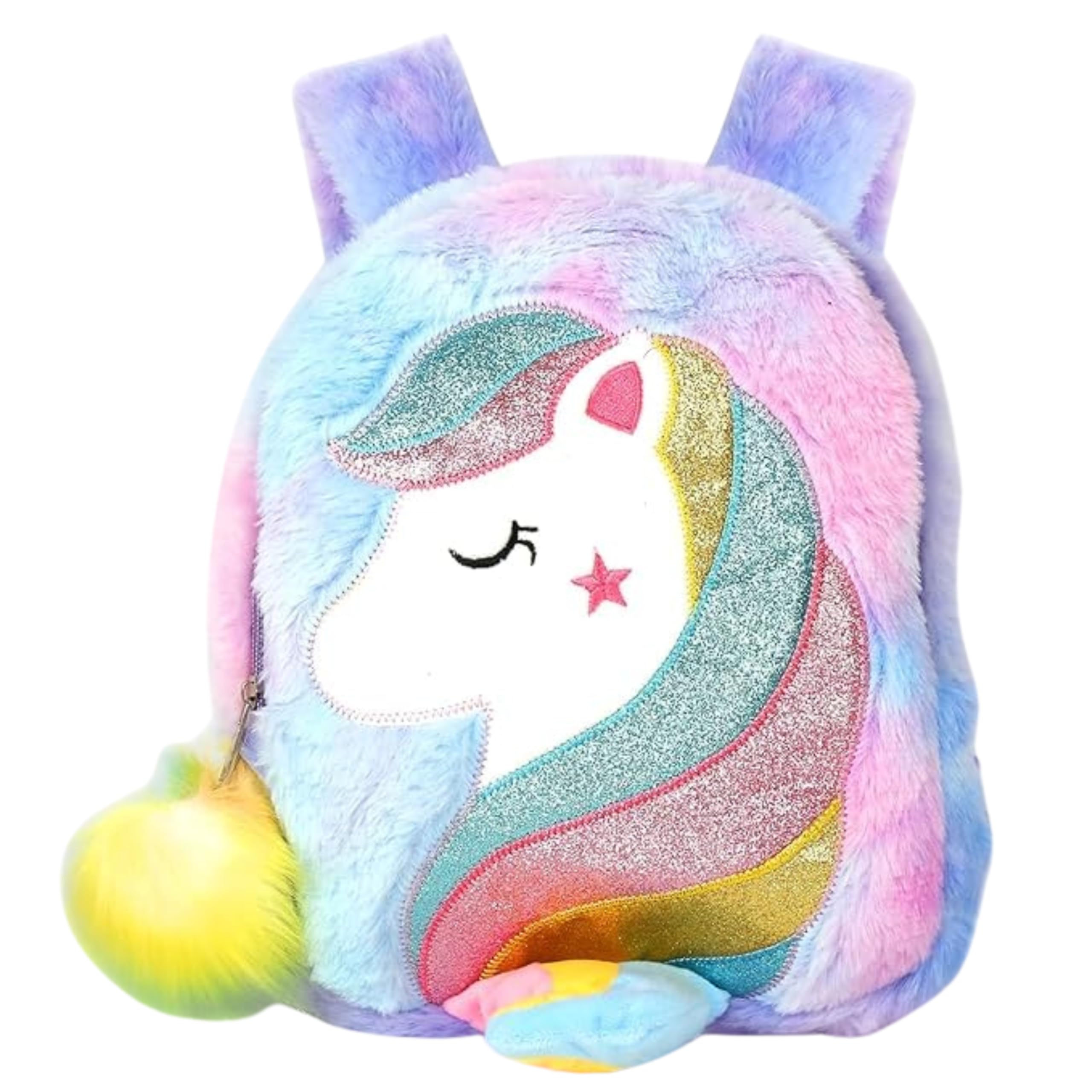 Classy Bag Rainbow Unicorn Plush Backpack for Girls | Soft & Furry Kids School Bag with Glitter Hair Design & Pom Pom | Cute Travel/Preschool Bag for Toddlers-picture-19