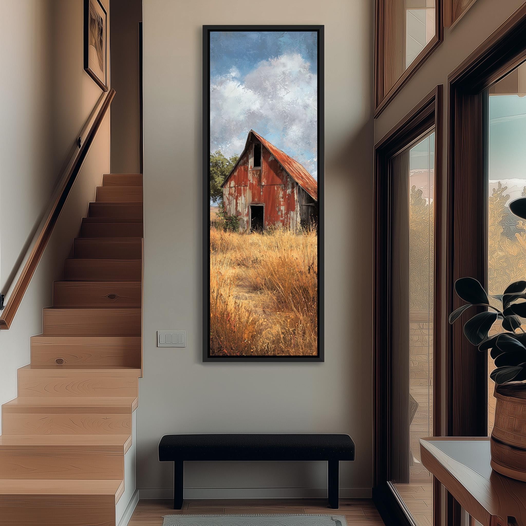 XBTYKPB Red Barn Wall Art, Tall Narrow Vertical Canvas Print, Long Framed Decor, Textured Americana Artwork, Cottagecore Decor(30x90cm/Frameless)