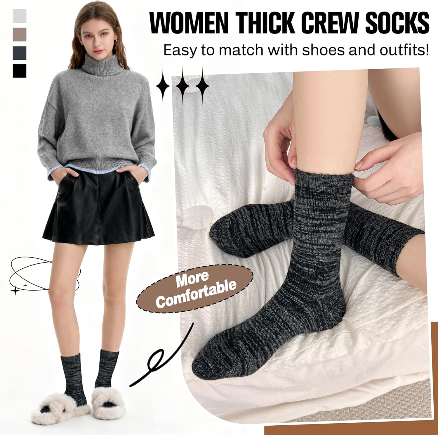 EBMORE Merino Wool Thermal Warm Socks Thick Winter Hiking Cozy Crew Comfy Cushioning Socks 4 Pairs for Women Men - Image 5