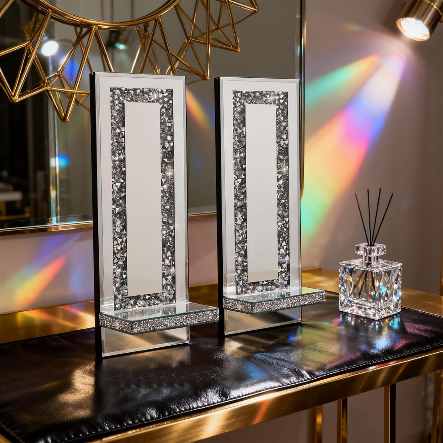 Wall Candle Sconces Set of 2, Crystal Crush Diamond Silver Wall Candle Holder, Glass Candle Holder Decorations for Home Decor, Bathroom, Dining Room & Bedroom (Rectangle Mirror, Silver Diamond)