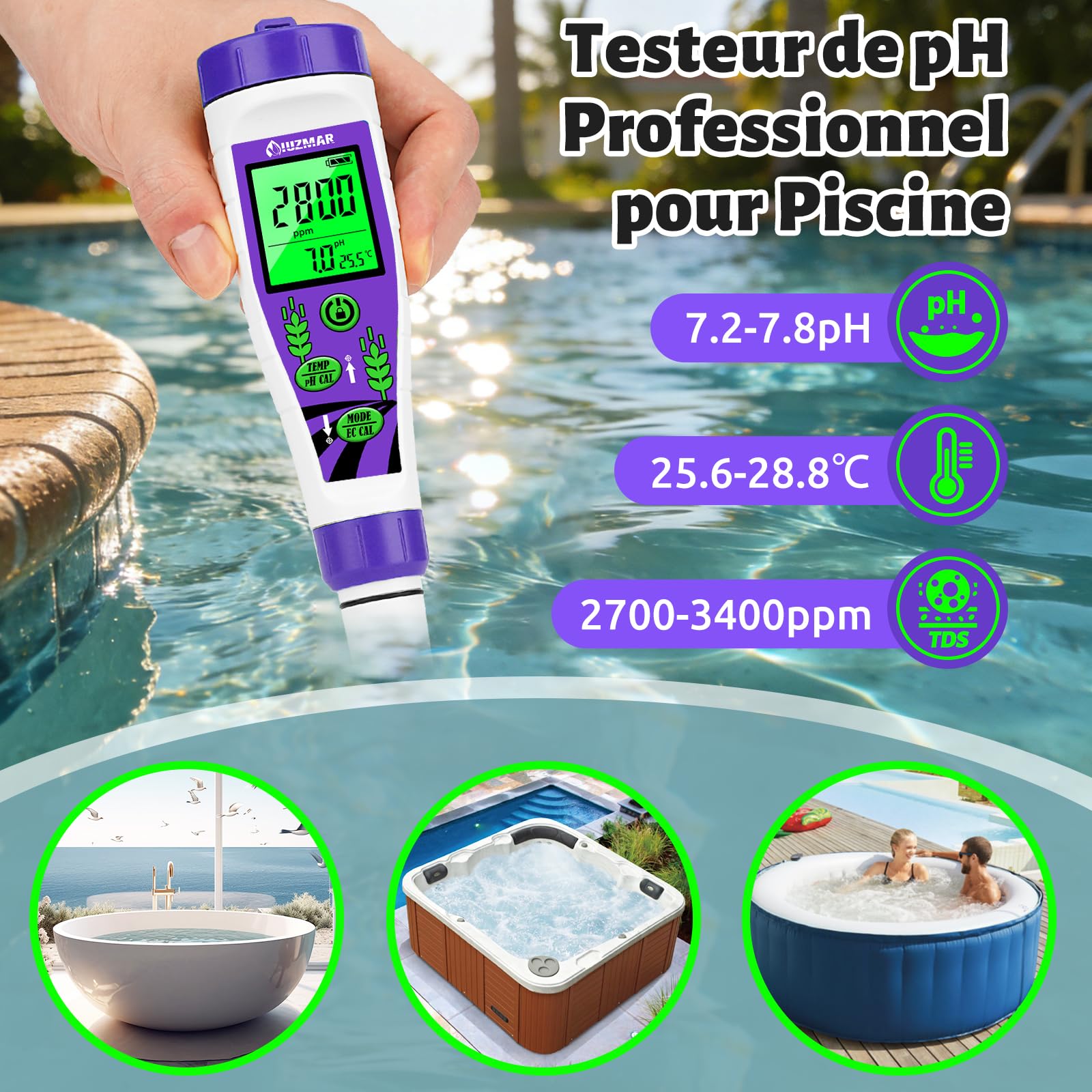 UIUZMAR pH EC Mètre pour L'eau Affichage Simultané pH TDS Temp Testeur | Appareil Numérique 4 en 1 pour Mesurer le pH/TDS/EC/Température de L'eau pour Hydroponique Piscine, Aquarium