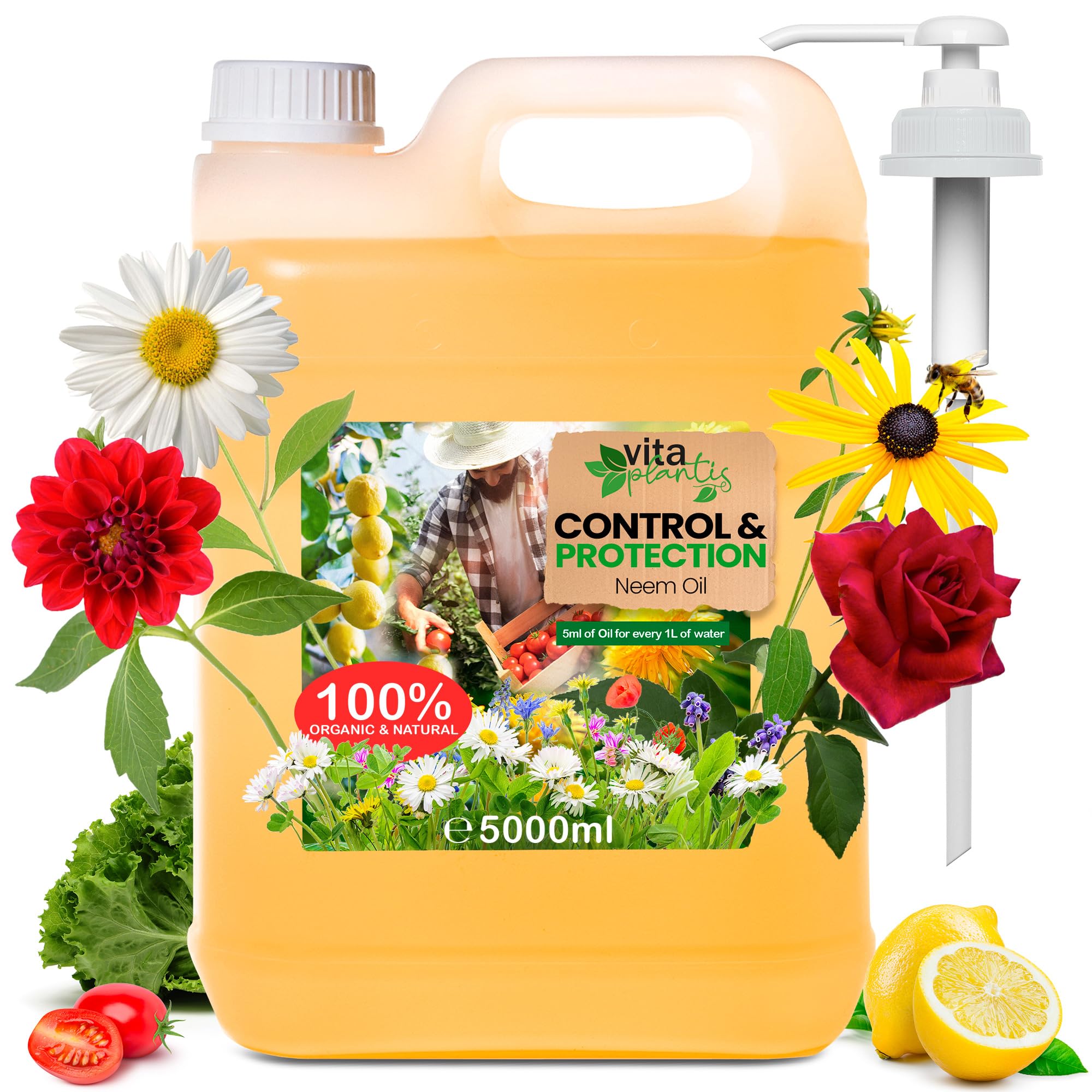 Aceite de Neem Solucion Natural para Plantas de Interior y Exterior, Jardin, Arboles Frutales, Huerto. Triple Accion: Enraizante, Repelente e Insecticida (5000 ml)
