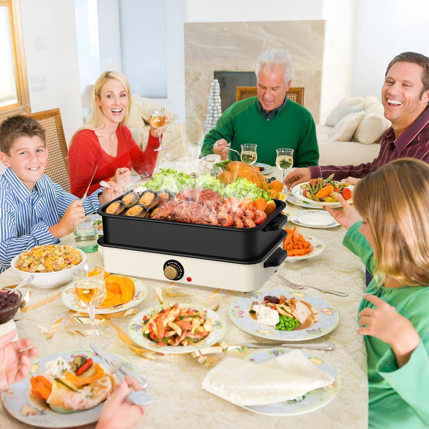 Slow Cooker Large Capacity Non-stick Vessel with Lid, 1400W 2-in-1 Electric Skillet for Grill and Hotpot with Carry Bag, Cooker with Adjustable Temperature (White A)