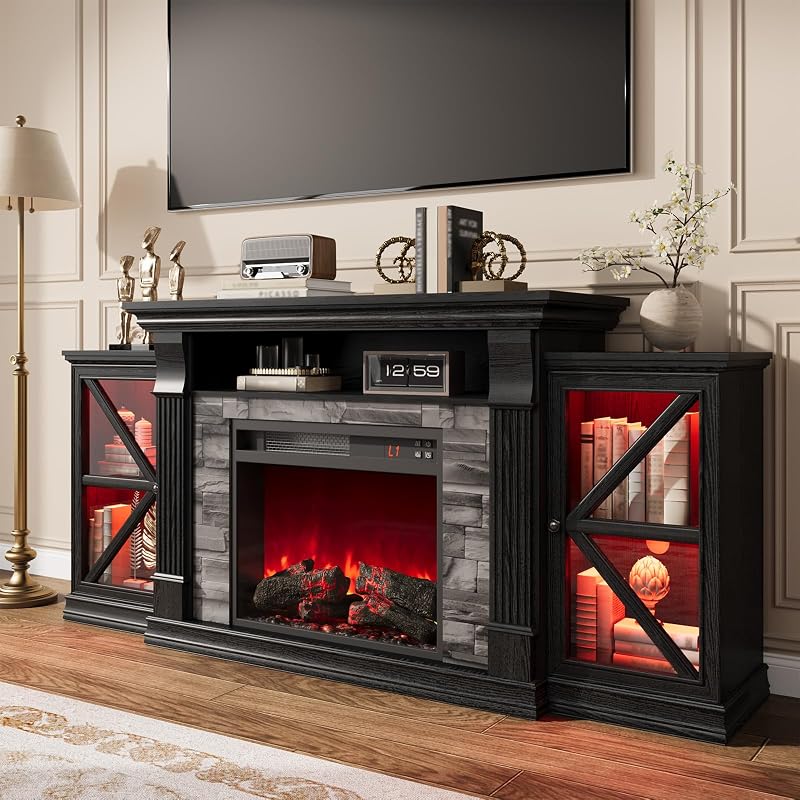 QUW Electric Fireplace TV Stand, 70" Farmhouse Entertainment Center with Open Shelf and Glass Barn Door Cabniet, Modern TV Console Table with 7 Flame Colors for Living Room, Black image 3