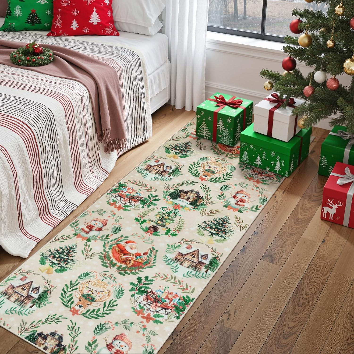 Anidaroel 2x6 Washable Christmas Runner Rug Non Slip Hallway Runner Rug, Christmas Kitchen Rug Xmas Holiday Rugs Indoor Entryway Carpet Runner, Low Pile Front Door Mat for Entry Fireplace, Beige
