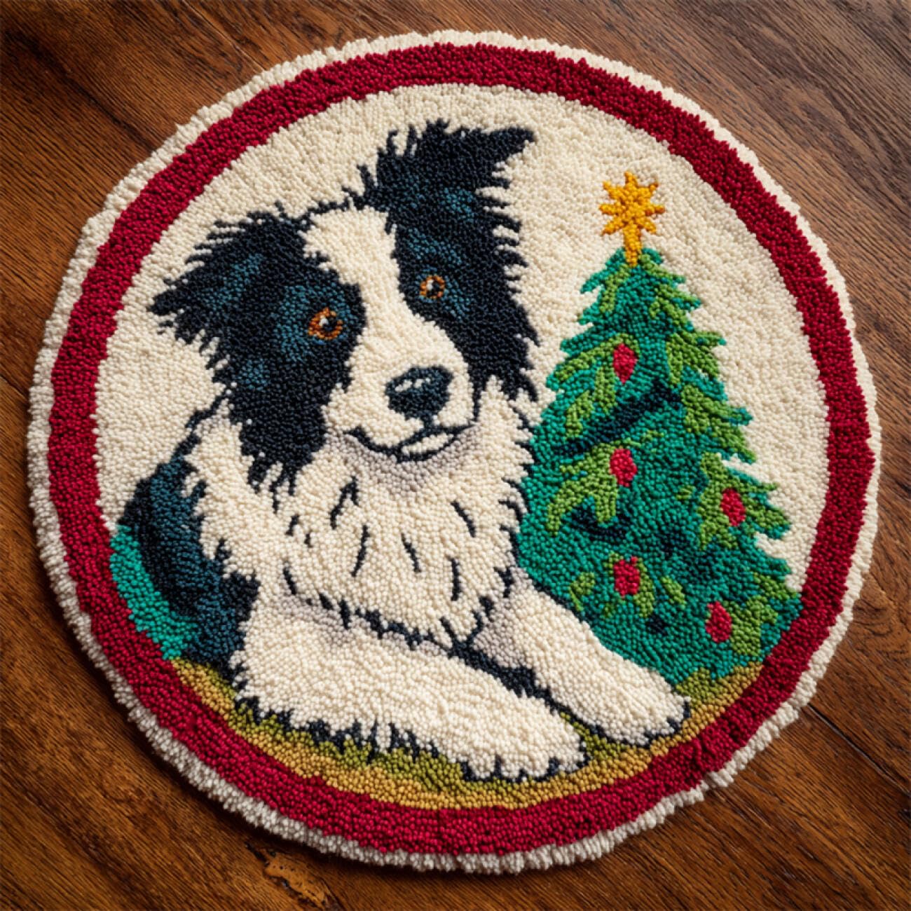 Kitquiver Dog Animal Latch Hook Kits for Adultsborder Collie and Christmas Tree DIY Rug Making Craft Kits with Yarn & Canvas and Crochet Needle Embroidery Decoration 50x50cm