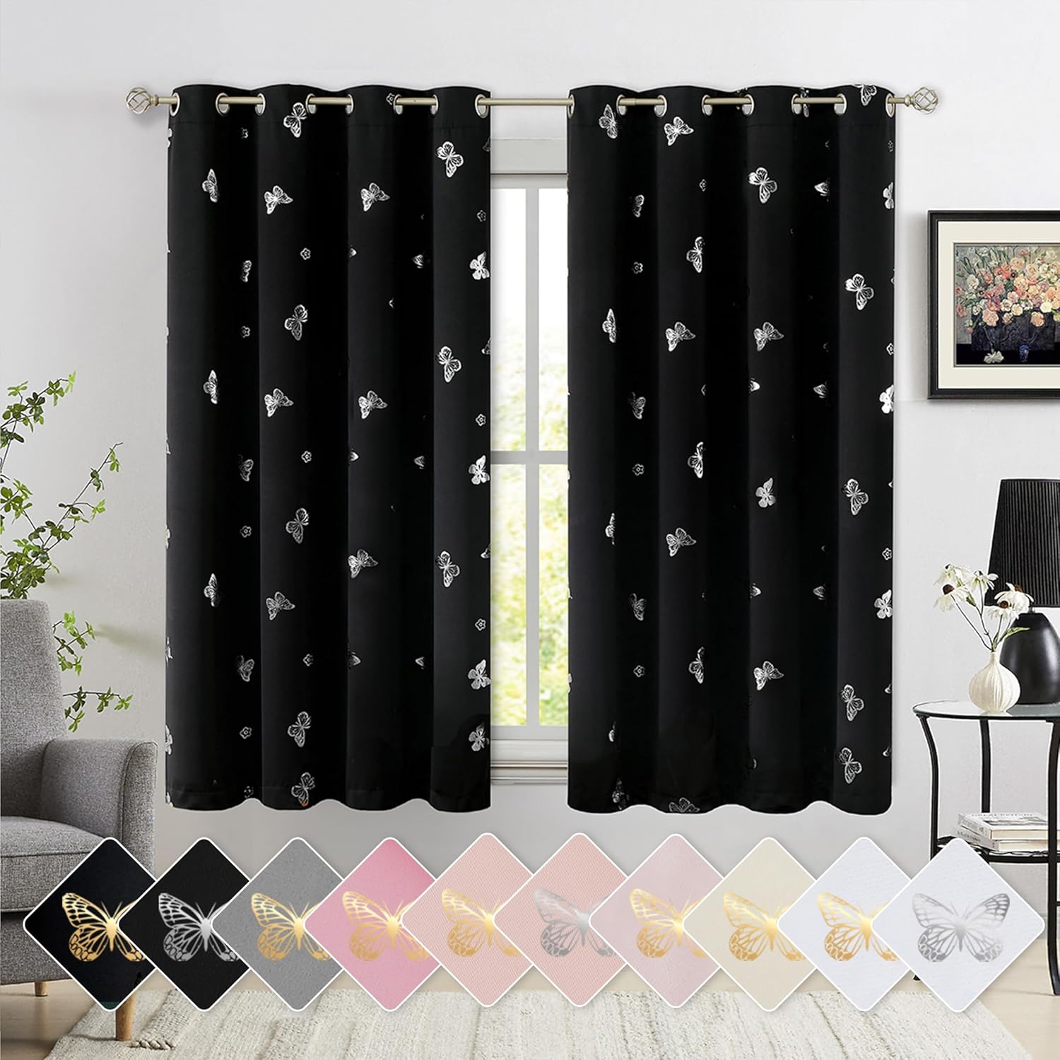 Jubilantex Black Metallic Silver Butterfly Blackout Curtains 54" Long for Small Window Girls Bedroom Nursery Window Curtains,Grommet Top 2 Panels