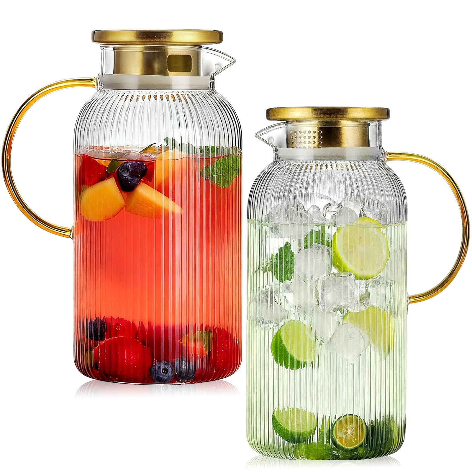 2 Pack Glass Pitcher with Lid, 68 oz/2 Liter Vertical Stripe Round Pitcher with Handle, Heat Resistant, Suitable for Refrigerator Storage, Iced Tea, Coffee, Lemonade, Juice, and Beverage Container