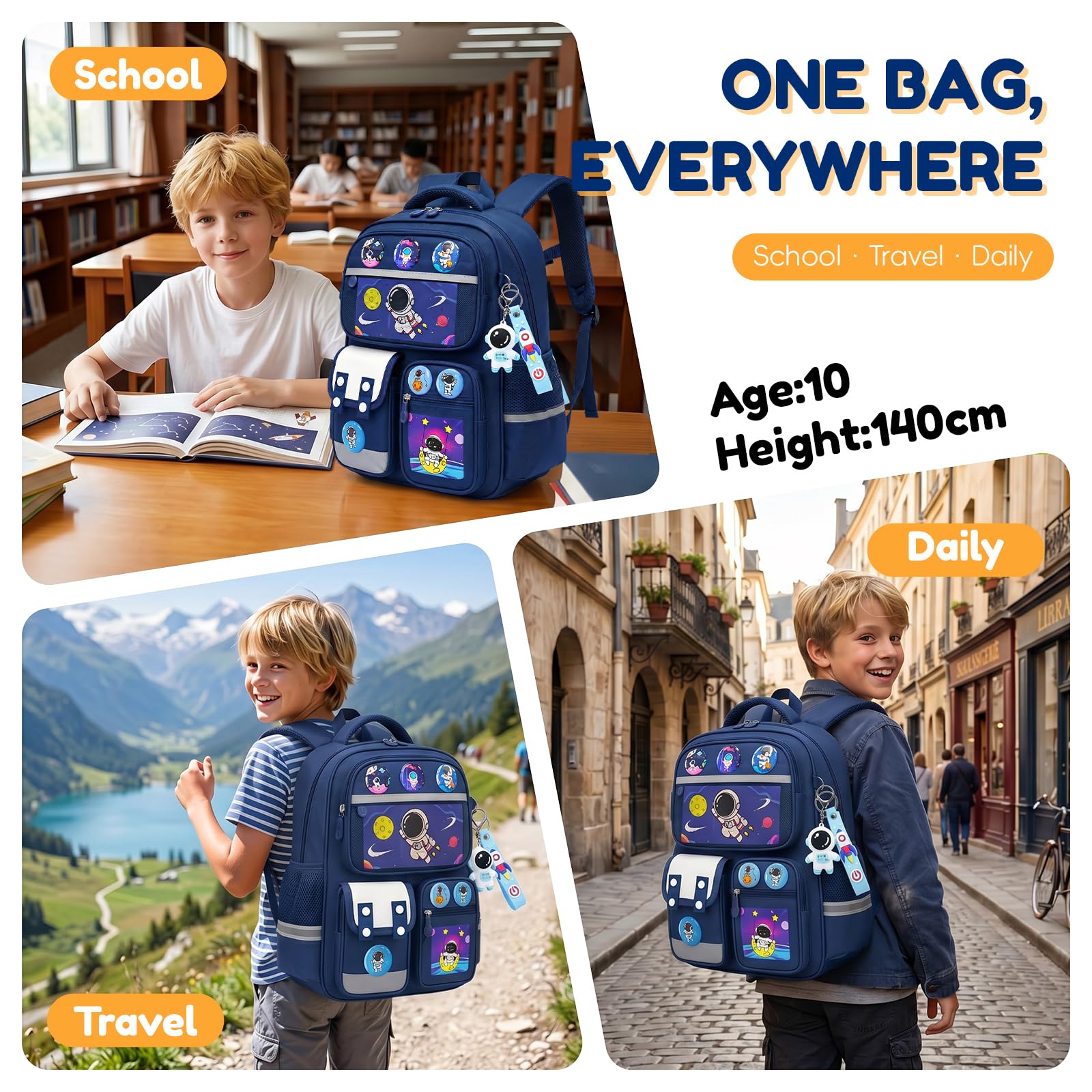 Amythe Mochila Niño 8-12 Años Primaria – Mochila Ergonómica Ligera con Bandas Reflectantes, Compartimento A4, Oxford 300D – Diseño Astronauta – Regalo Vuelta al Cole -Azul