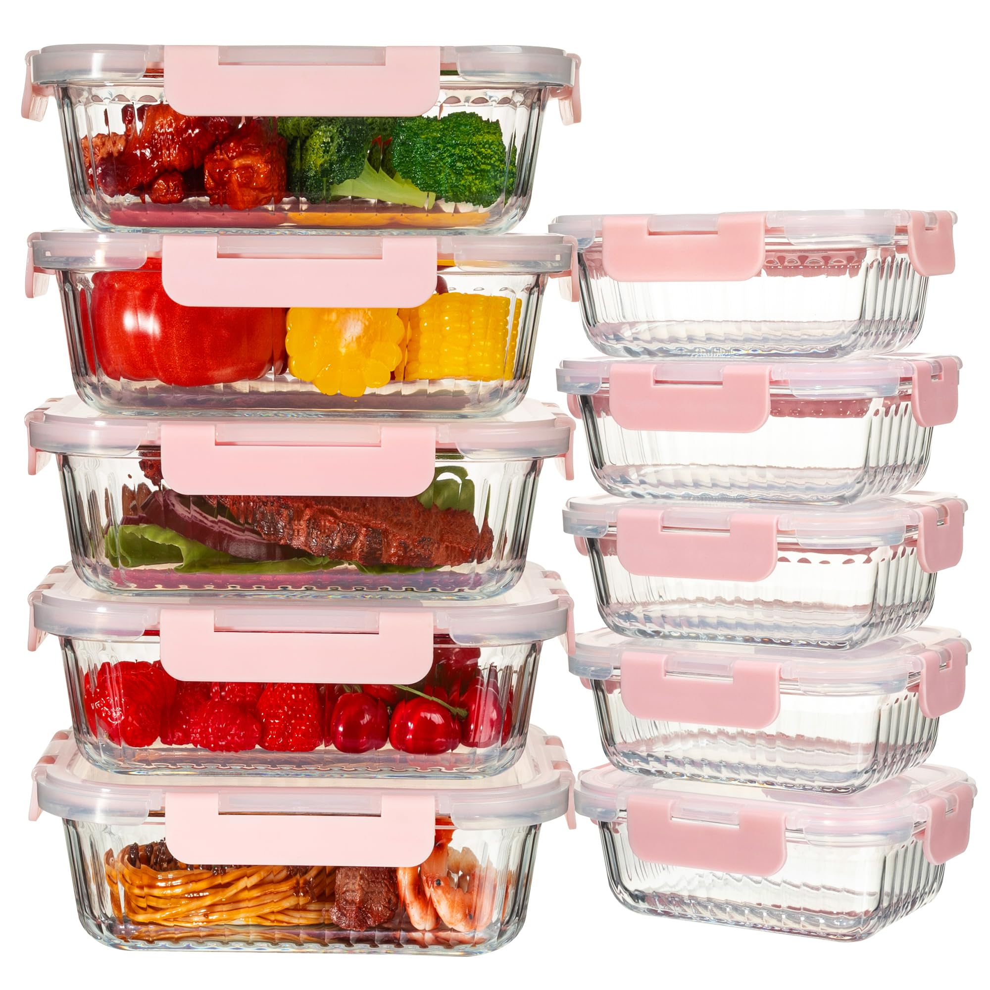 View 1 of 10-Pack 34Oz & 12Oz Glass Food Storage Containers, Strip Patterned, Pink