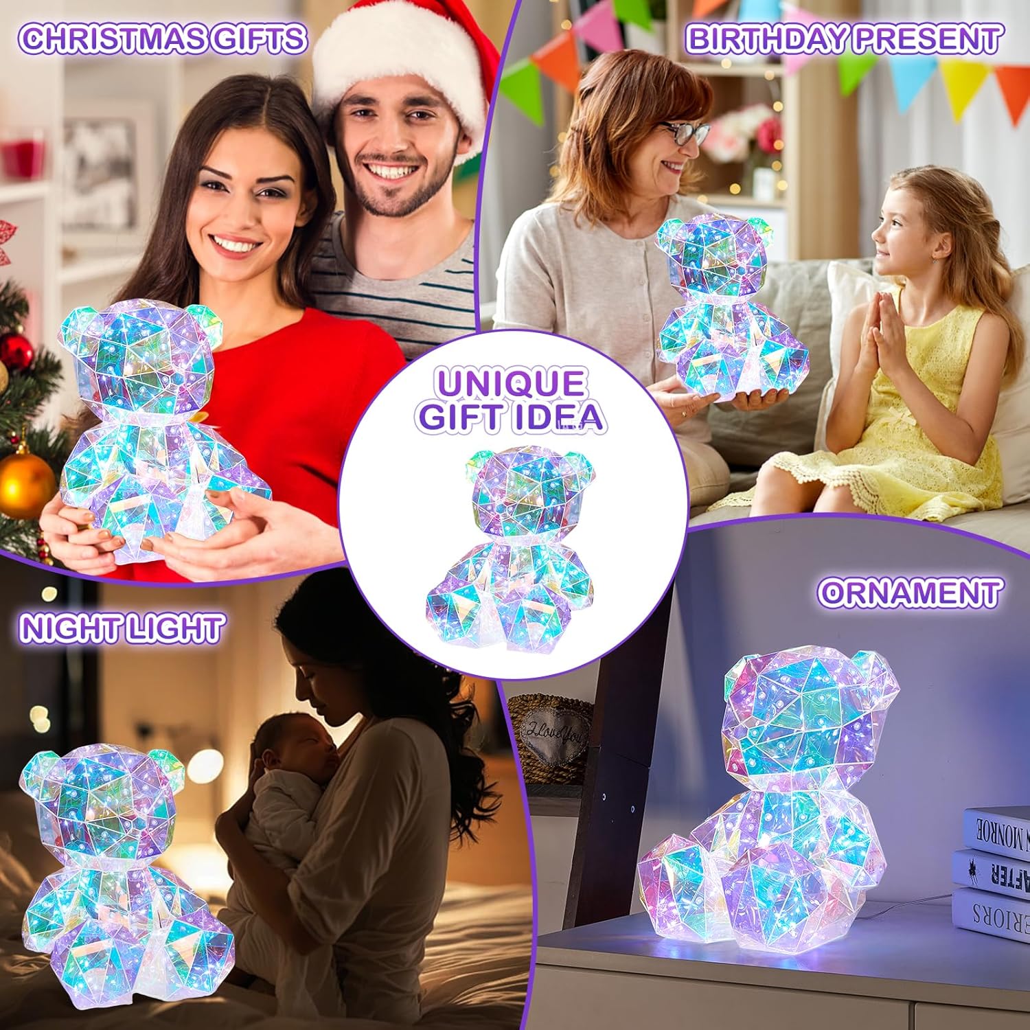 LED Teddy Bear Night Light, Holographic Iridescent Design, Nursery Decor Display Box with Ribbon (Bear, Small)