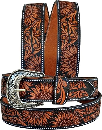 Affilare Western Tooled Leather Belt for Men & Women Sunflower Floral Design, Removable Buckle 30AB101