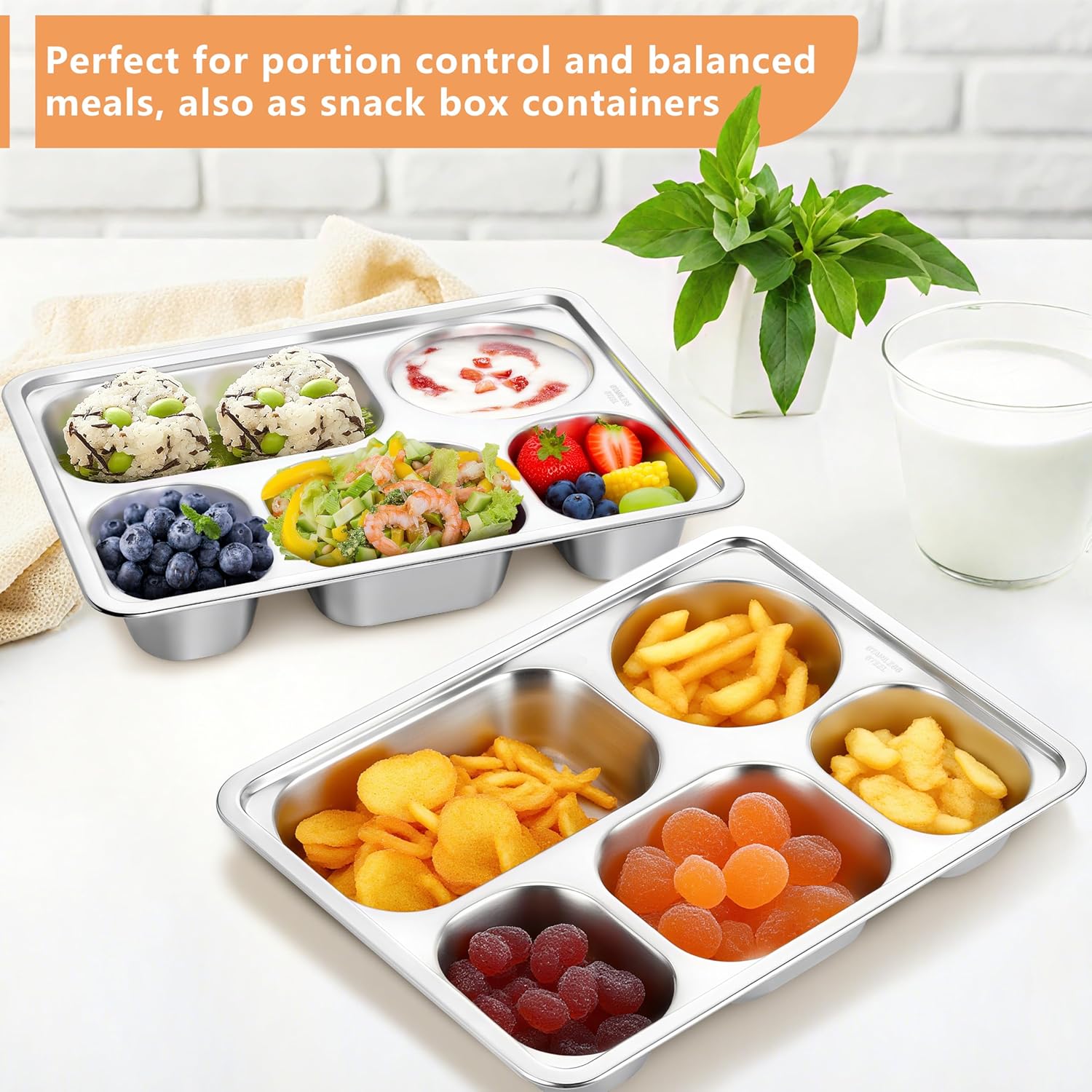 HaWare 3-Pack Stainless Steel Divided Plates Tray for Toddler Kids Adults, Rectangular Portion Control Dinner Plates with 5-Compartment, Metal Tray for Lunch Camping Dinner, Reusable Serving Platter - Image 4