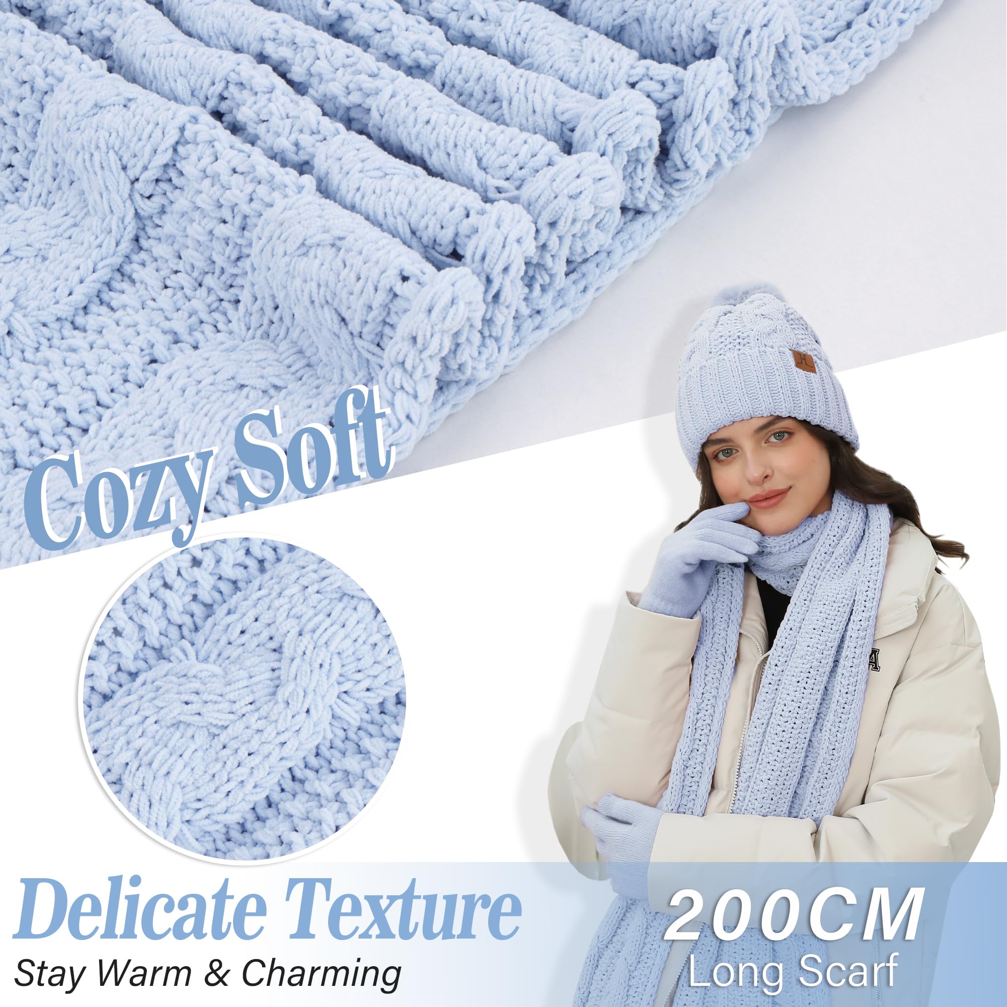 ZASFOU Damen Winter Mütze Schal Touchscreen Handschuhe Set Thermo Chenille Strickmütze Beanie Wintermütze Schals Winterschal Winterhandschuhe Geschenk für Frauen