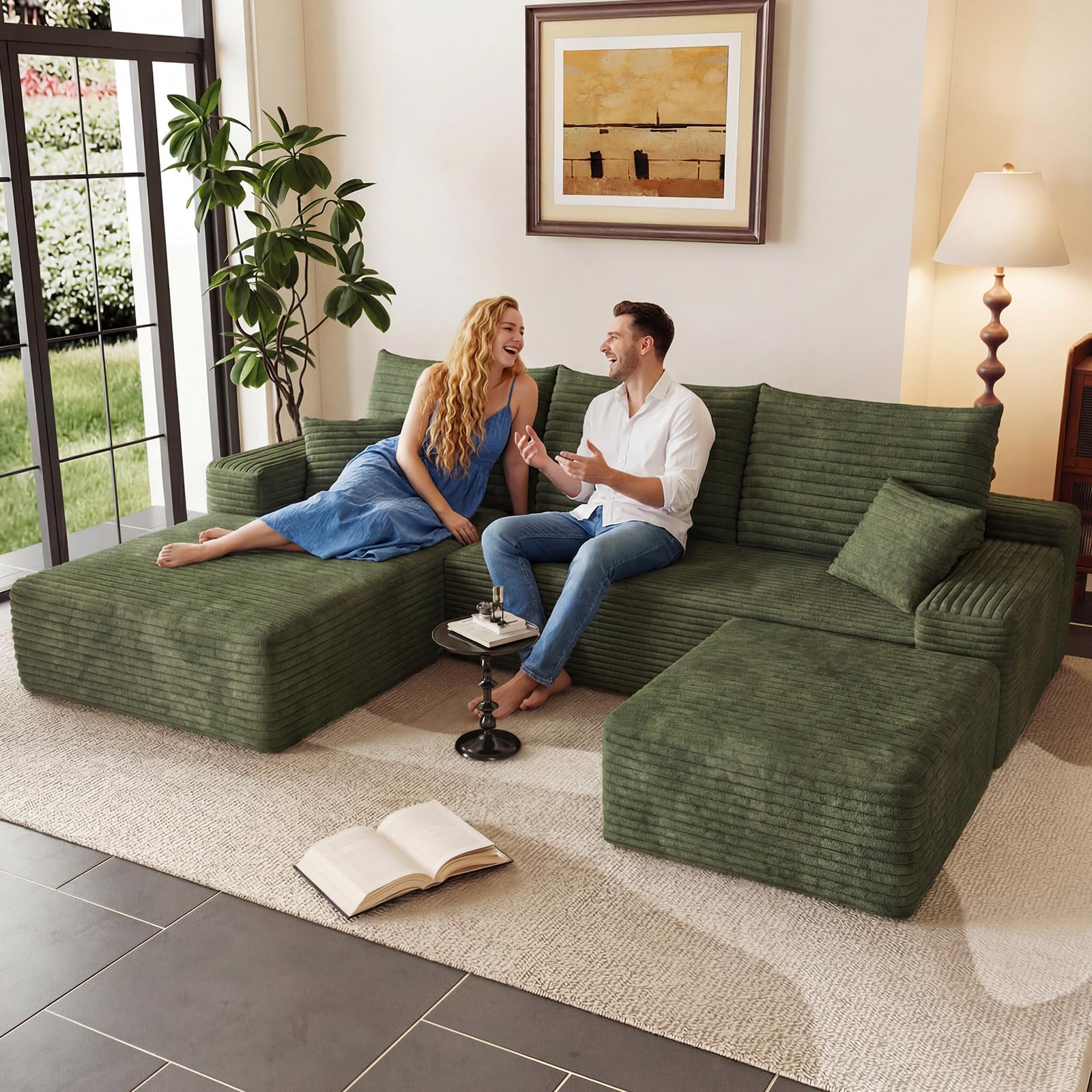 95" U-Shape Cloud Couch, Modern Modular Sectional L-Shape Sofa with Ottoman, Corduroy Upholstered Couches Deep Seat Sleeper Chaise Longue for Living Room, No Assembly Required(Green, Left Facing)
