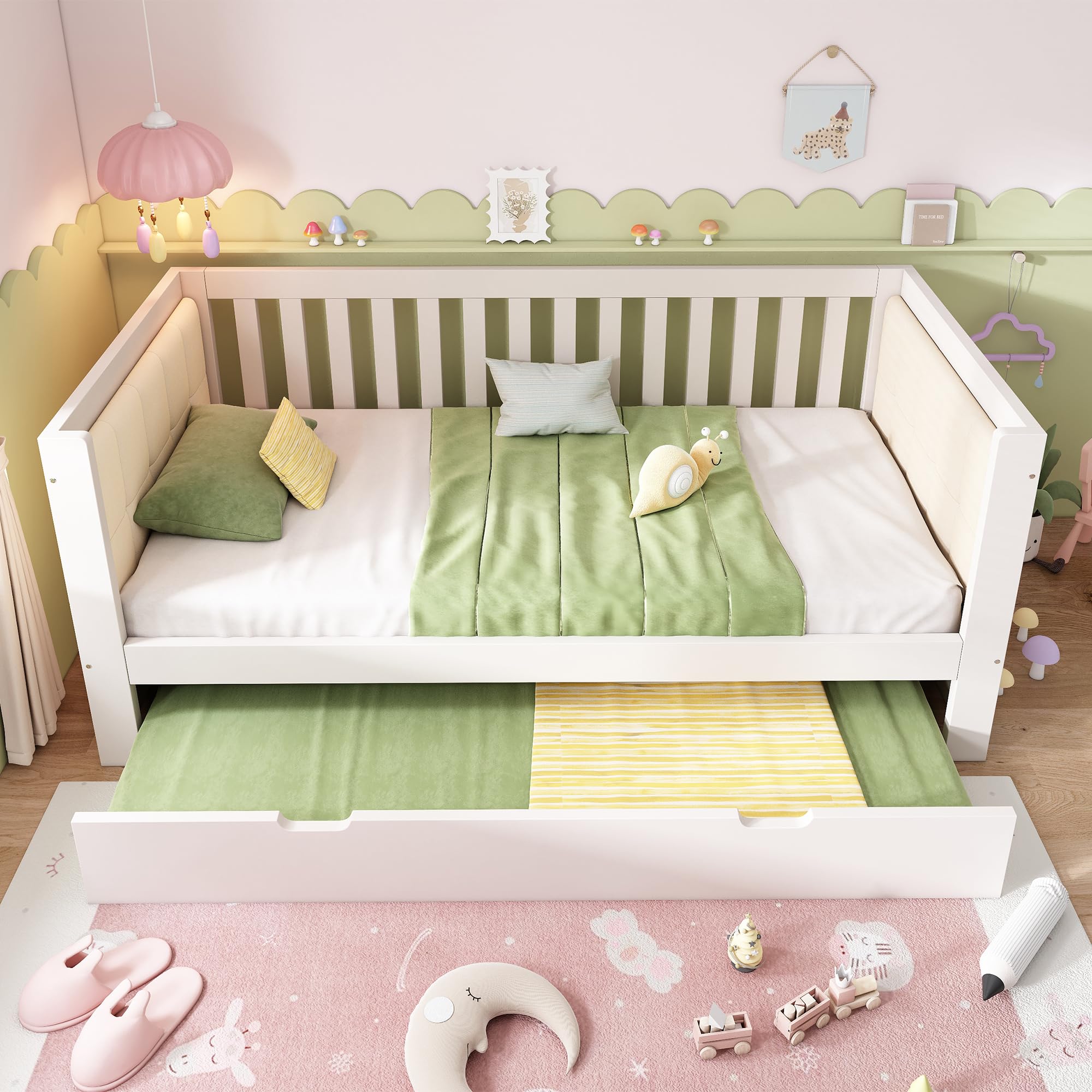 Soweiz Sofá cama blanco, madera, con reposabrazos redondeados, respaldo cómodo, perfecto para apartamentos pequeños, fácil montaje, sin colchón (90 x 200 cm con cama nido)