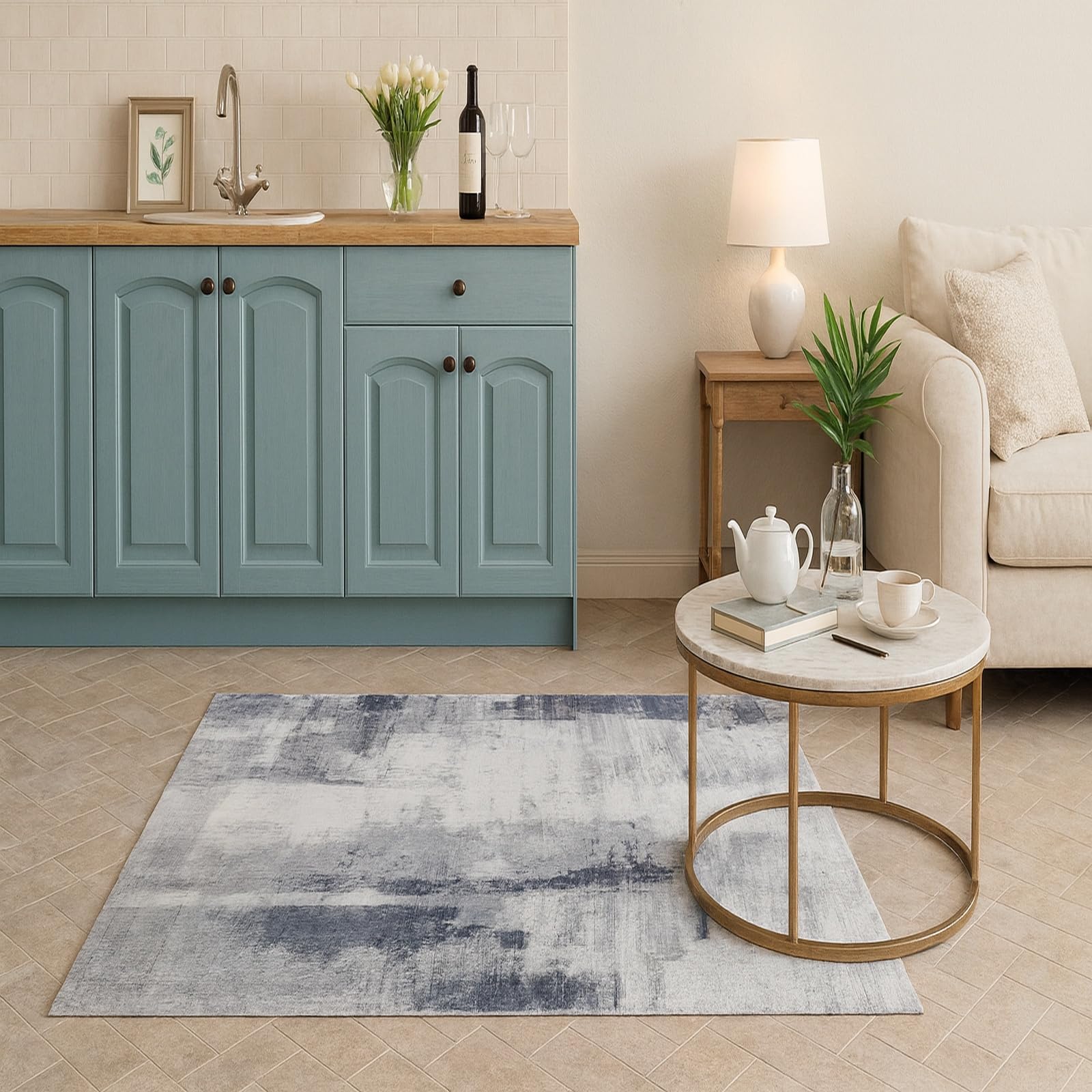 Tapis de salon 90x150 cm lavable et antidérapant gris et blanc