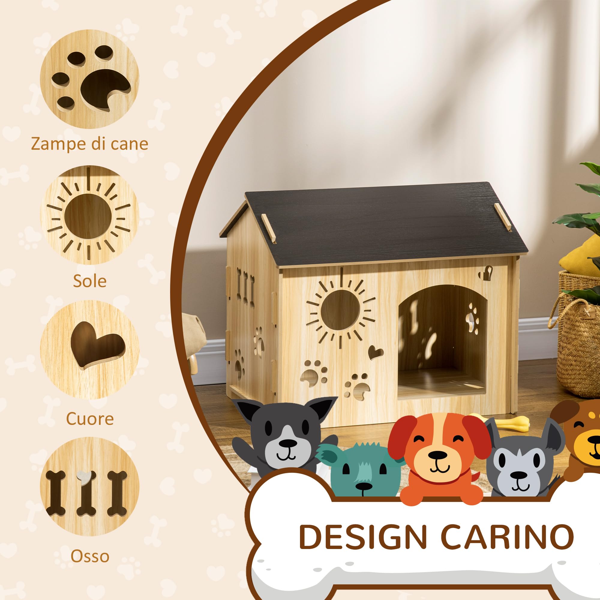 PawHut Cuccia per Cani da Interno, Casetta per Cani e Gatti con Struttura in Legno e Aperture a Forma di Zampa, Cuore e Ossa, Cuccetta per Soggiorno e Salotto, Rovere
