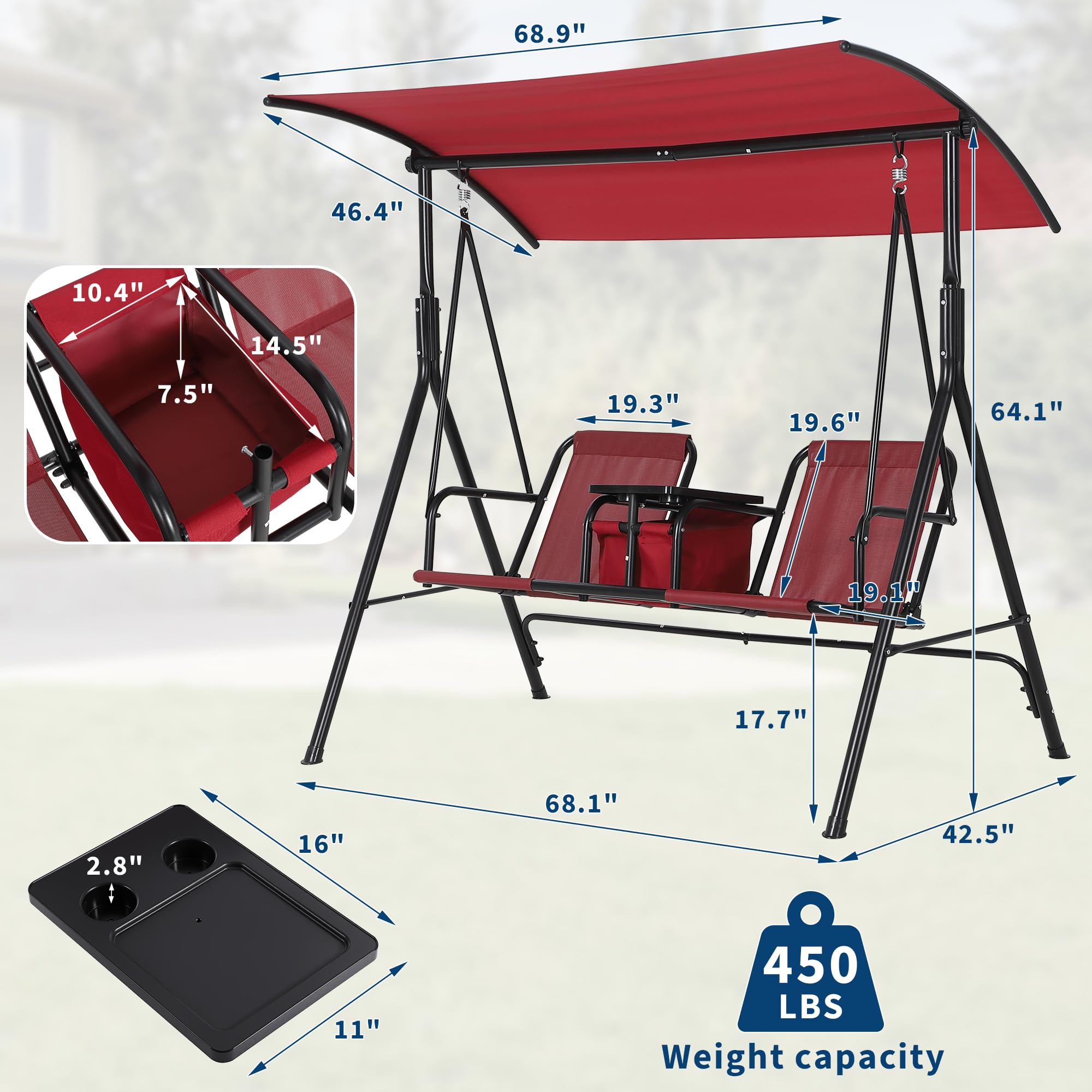 Balancelle de Jardin 2 Places avec auvent Ajustables,Balançoire de Jardin Extérieur avec 2 Porte-gobelets,Espace de Rangement,Mesh Respirant chaises,Cadre Acier,pour Jardin,Terrasse,Piscine(Rouge)