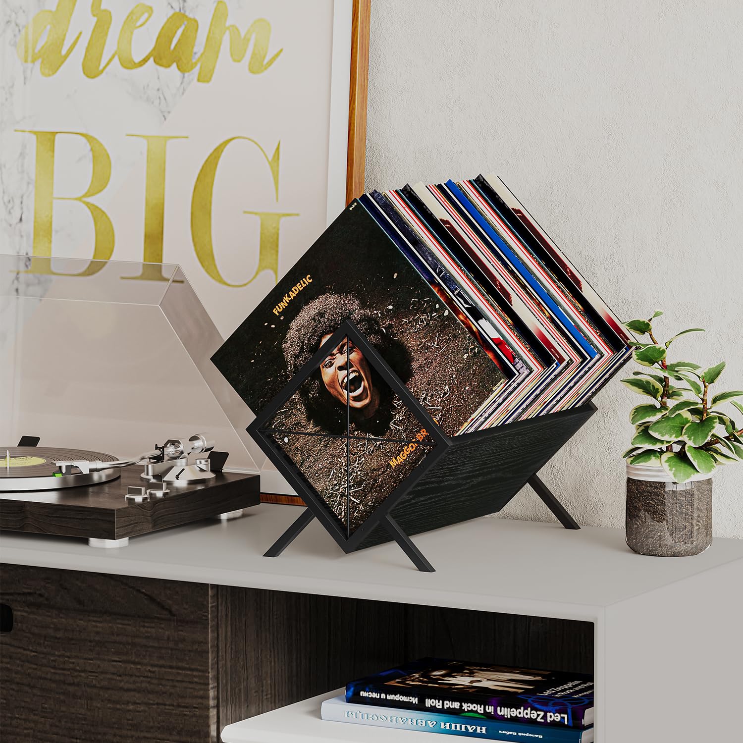 YINMIT Soporte para discos de vinilo, estante de almacenamiento de 80-100 LP, organizador de exhibición de discos de estilo retro para discos de vinilo, álbumes, revistas, libros y archivos, fácil