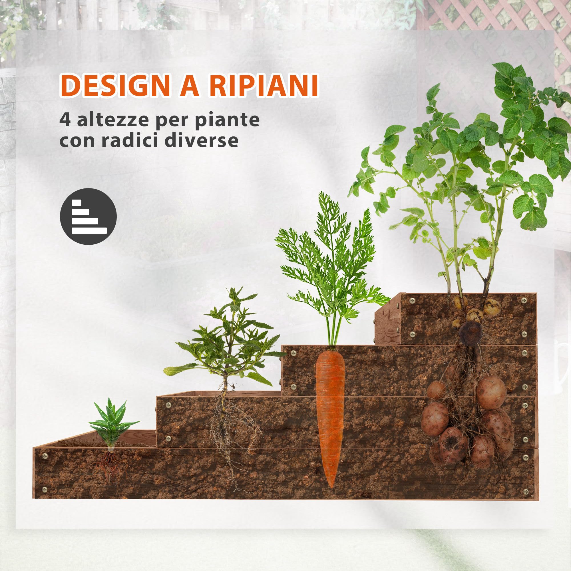 Outsunny Orto Rialzato da Esterno a 4 Livelli in Legno di Abete, Fioriera da Balcone con Fondo Aperto e Fodera in Tessuto, per Piante, Fiori e Verdure, per Giardino Balcone, 113x113x46 cm, Caffè Scuro