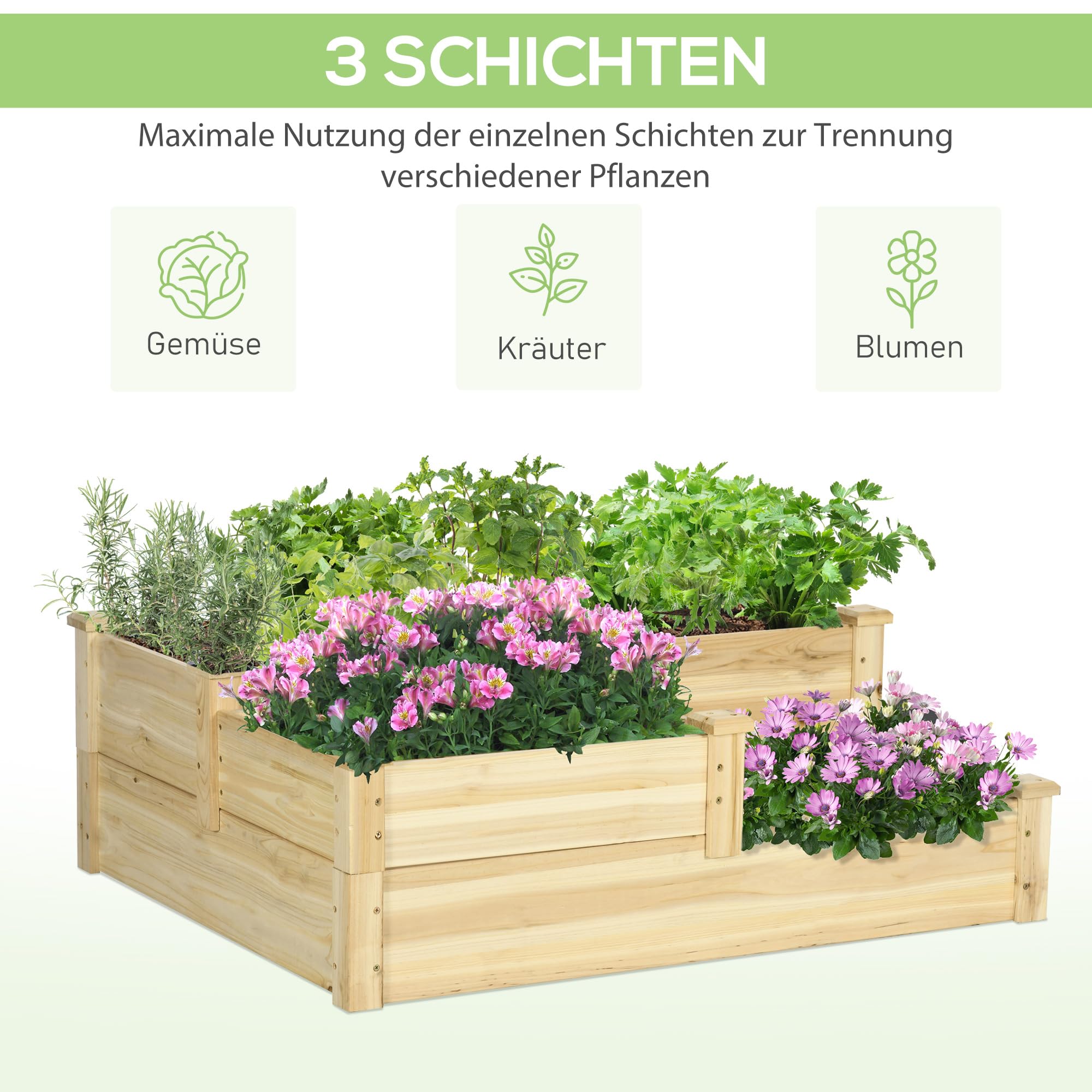 Outsunny Hochbeet 3-Stufig Pflanzenbeet Tannenholz Natur 108 x 88 x 36 cm | Blumenkasten, Kräuterbeet, Pflanzentreppe, Blumentreppe für Balkon, Garten